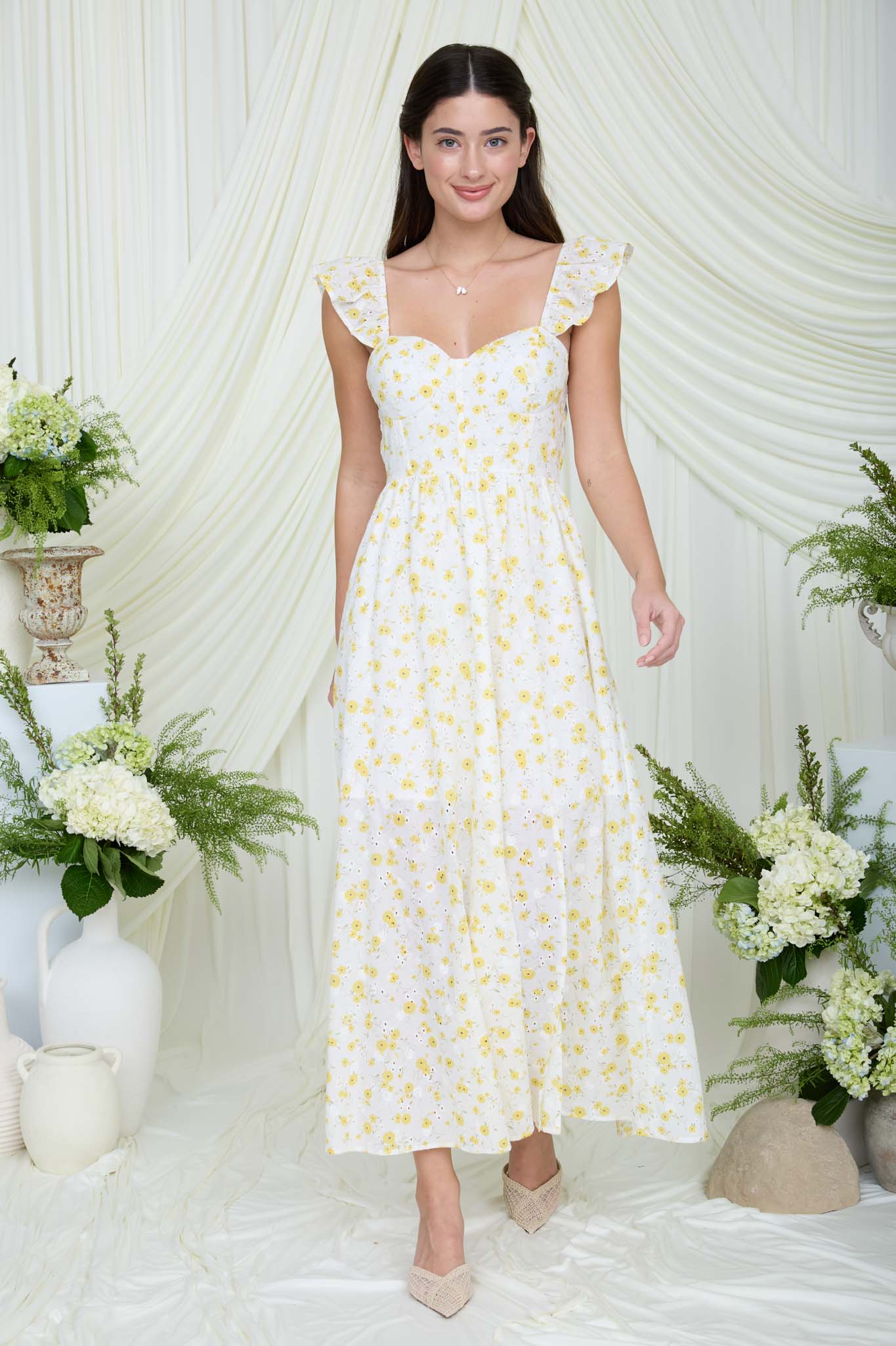 FLORAL EYELET PATTERN FRONT SLIT CORSET MIDI DRESS (PRE-ORDER)