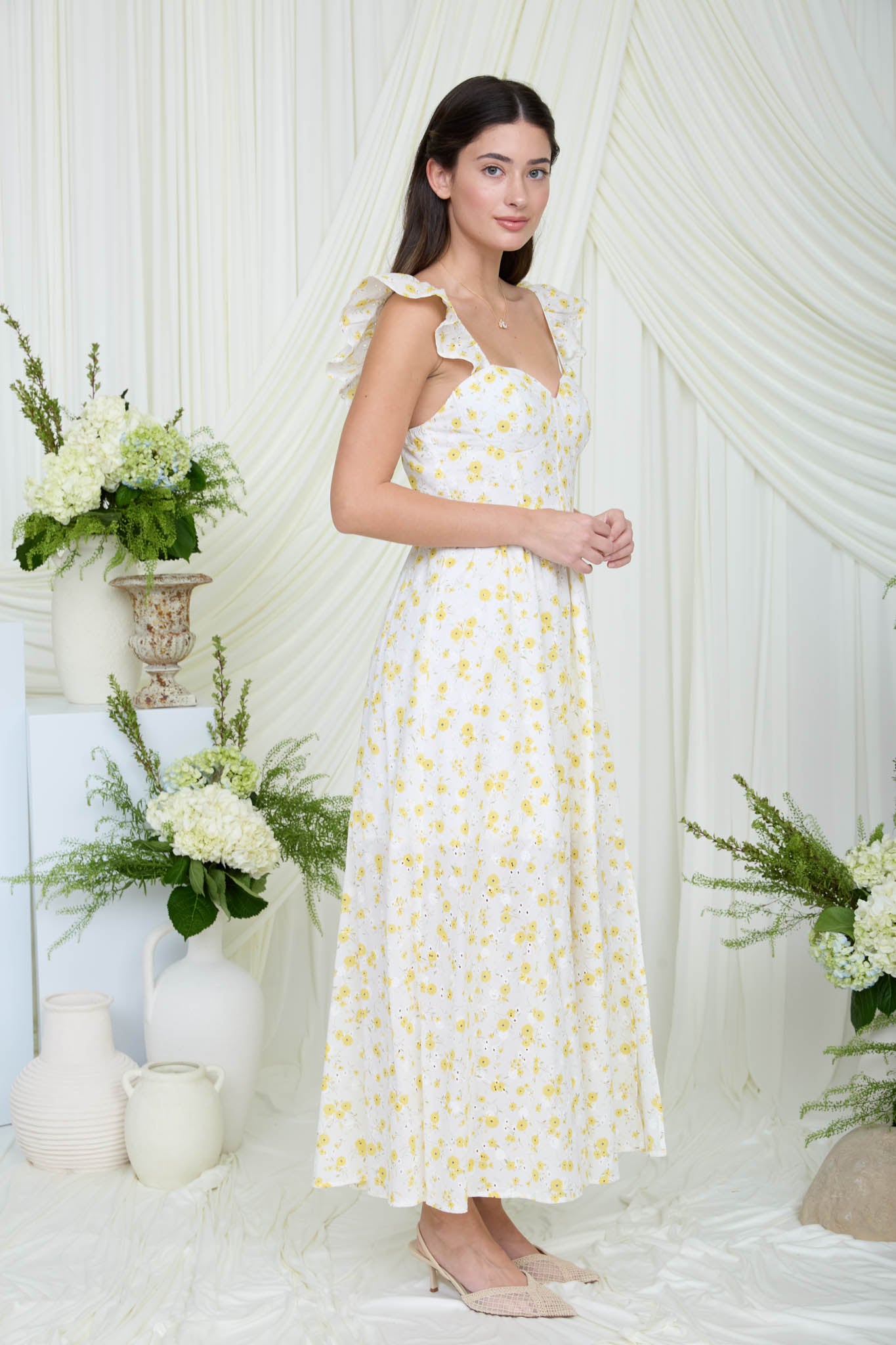 FLORAL EYELET PATTERN FRONT SLIT CORSET MIDI DRESS (PRE-ORDER)