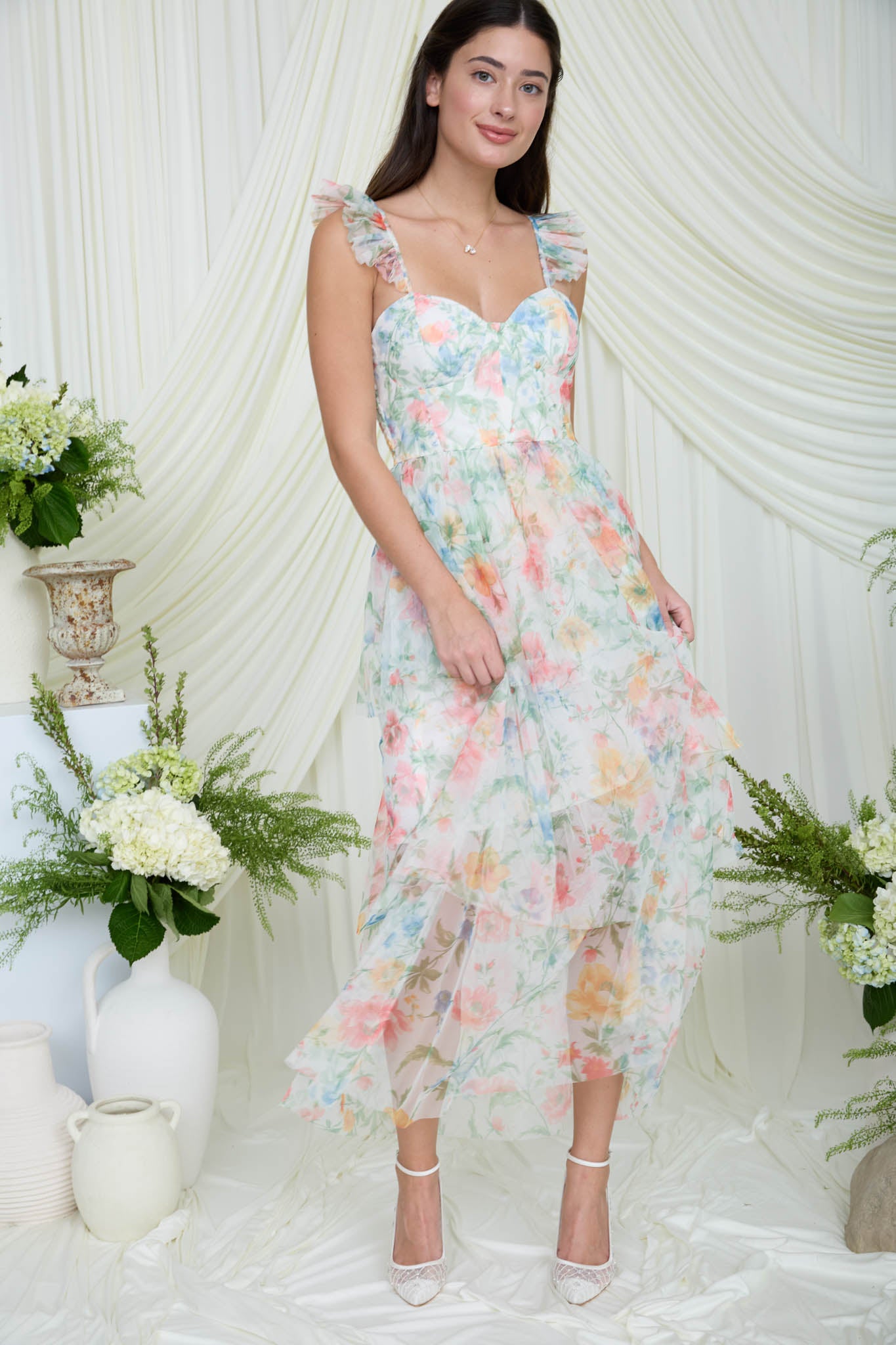 MULTICOLOR FLORAL CORSET CHIFFON TIERED MAXI DRESS (PRE-ORDER)