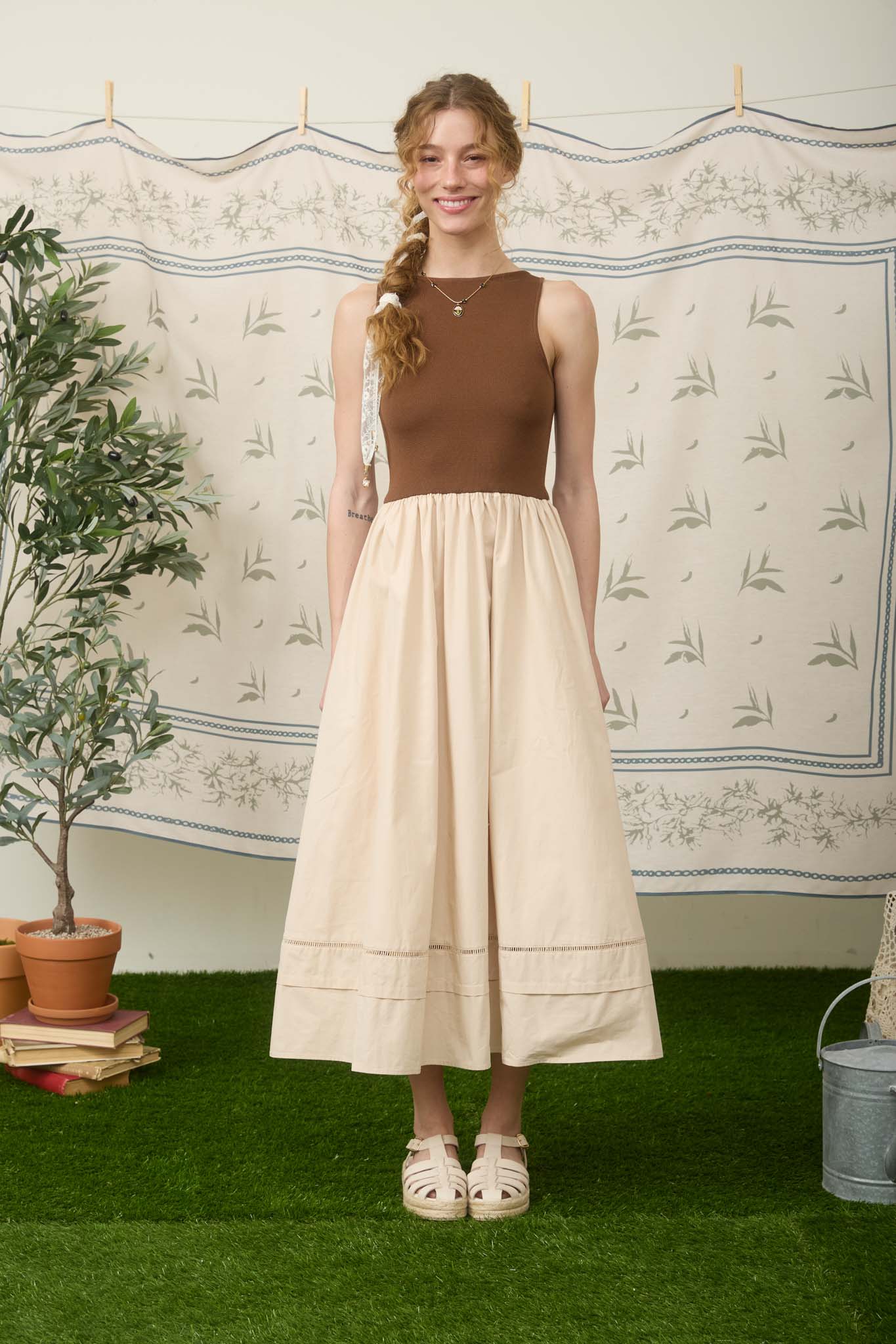 BOAT NECK LINE LACE TRIM MIXED MEDIA MIDI DRESS