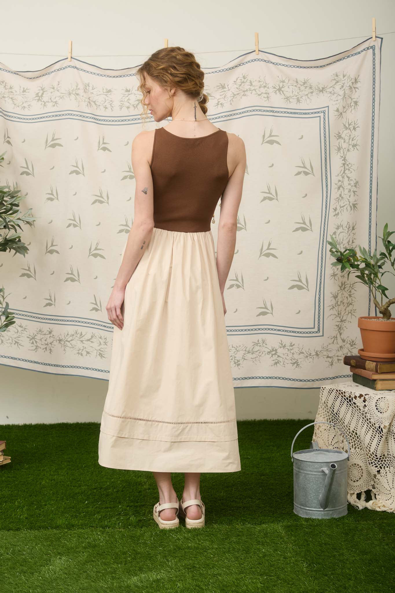 BOAT NECK LINE LACE TRIM MIXED MEDIA MIDI DRESS