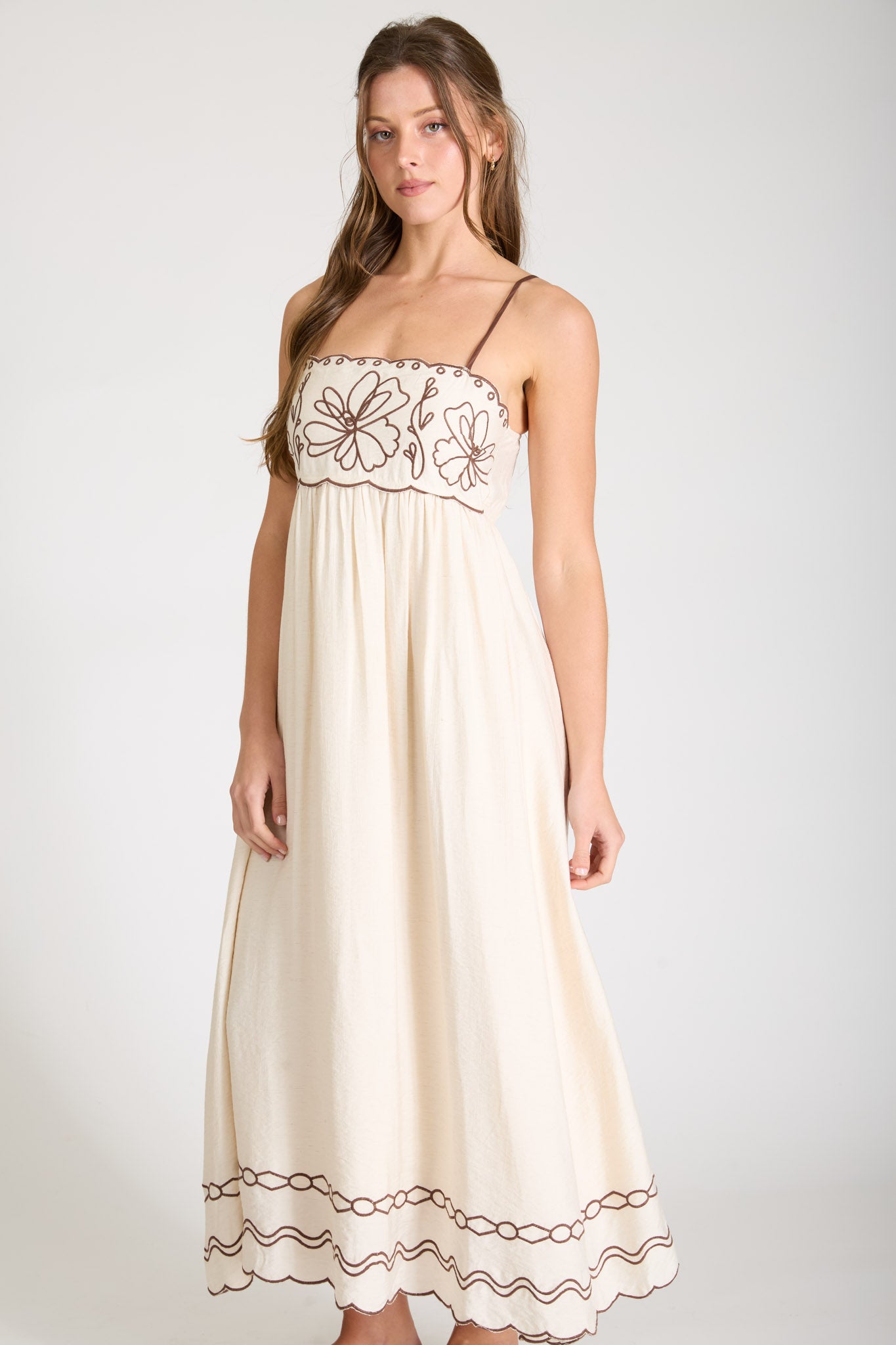 FLORAL EMBROIDERY SCALLOPED MIDI DRESS (PRE-ORDER)