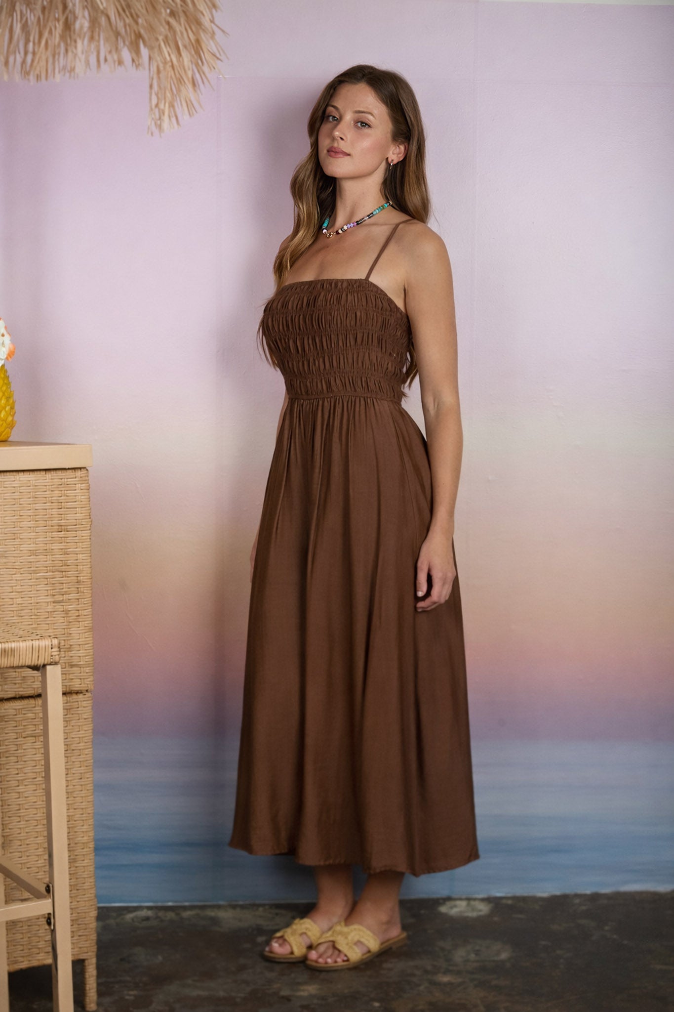 SHIRRED BODICE SPAGHETTI STRAP MIDI DRESS (PRE-ORDER)