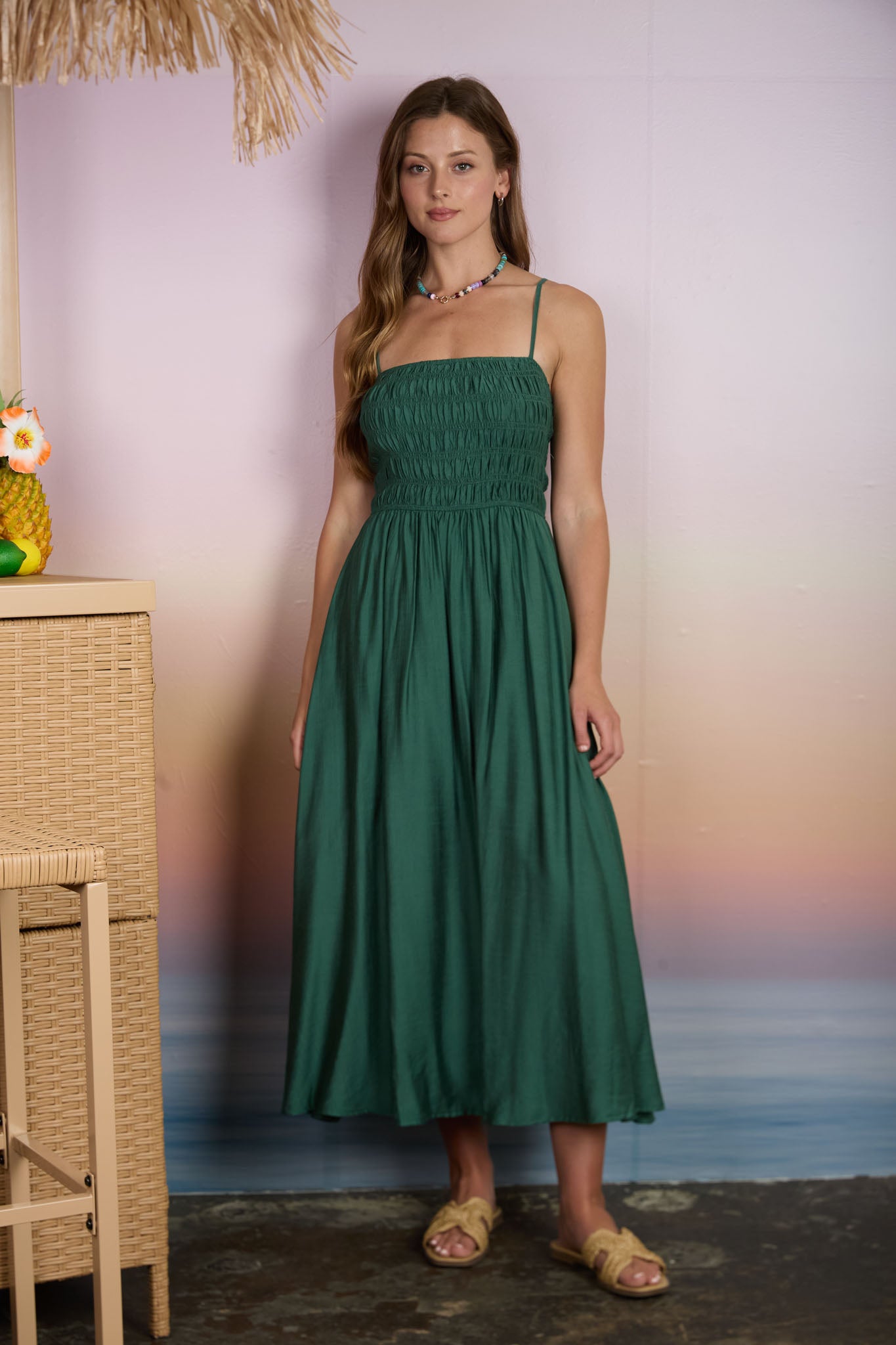 SHIRRED BODICE SPAGHETTI STRAP MIDI DRESS (PRE-ORDER)