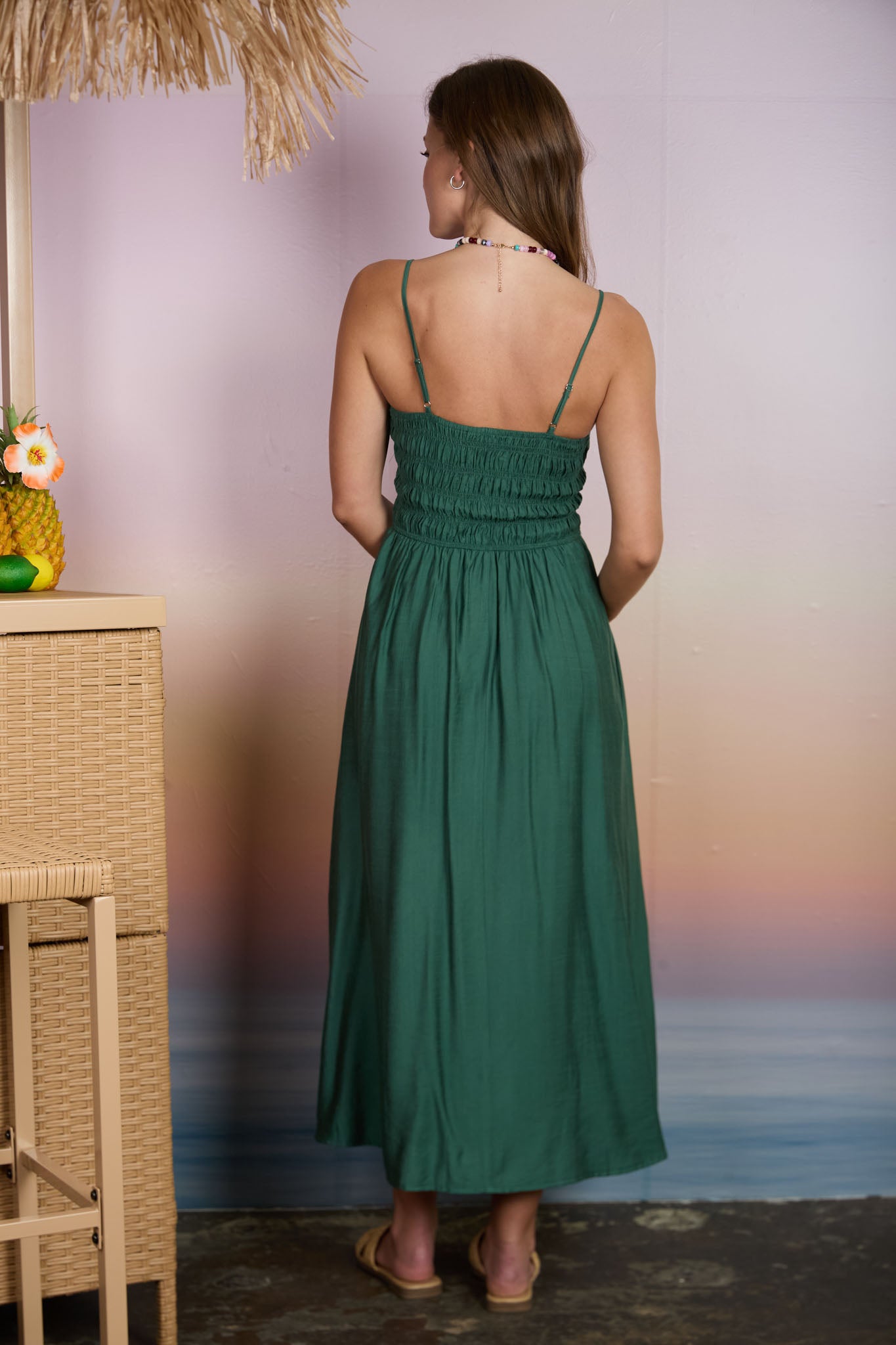 SHIRRED BODICE SPAGHETTI STRAP MIDI DRESS (PRE-ORDER)