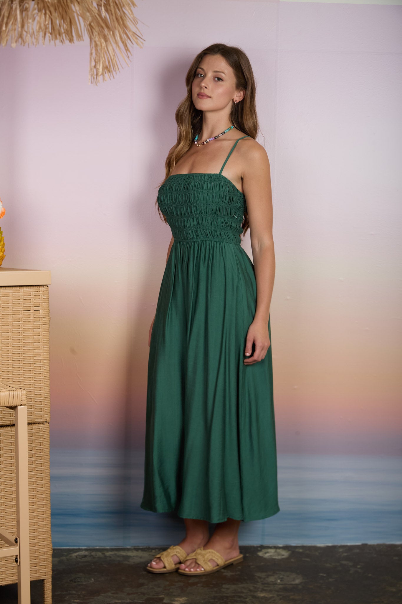 SHIRRED BODICE SPAGHETTI STRAP MIDI DRESS (PRE-ORDER)