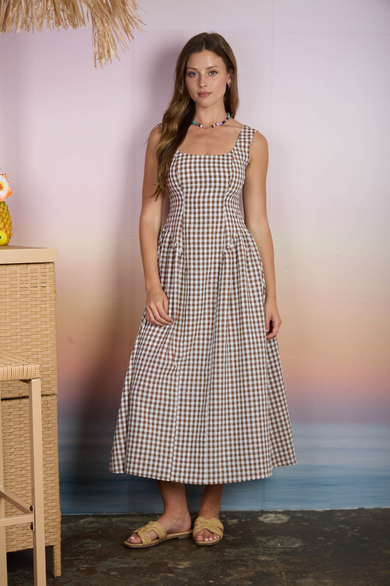 PLAID BASQUE WAIST SLEEVELESS MIDI DRESS (PRE-ORDER)