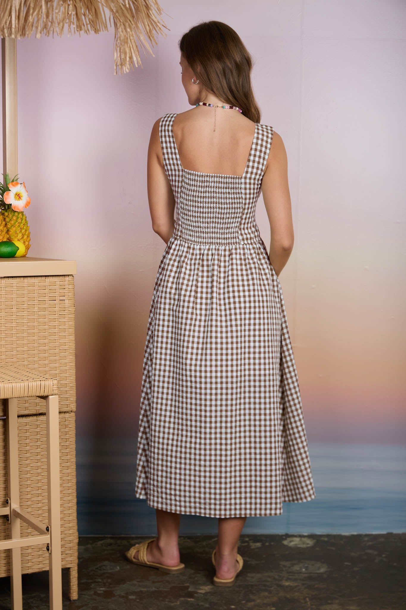 PLAID BASQUE WAIST SLEEVELESS MIDI DRESS (PRE-ORDER)