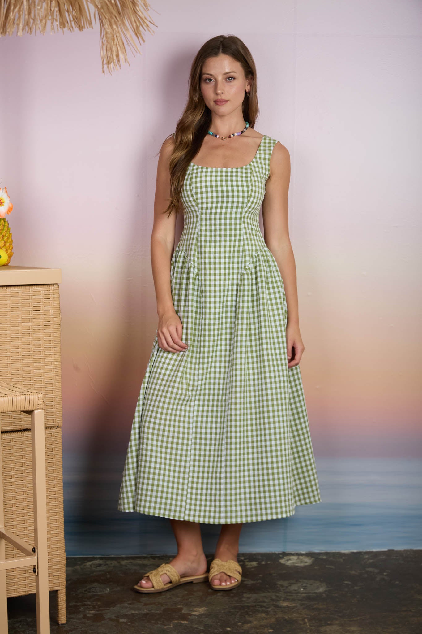 PLAID BASQUE WAIST SLEEVELESS MIDI DRESS (PRE-ORDER)