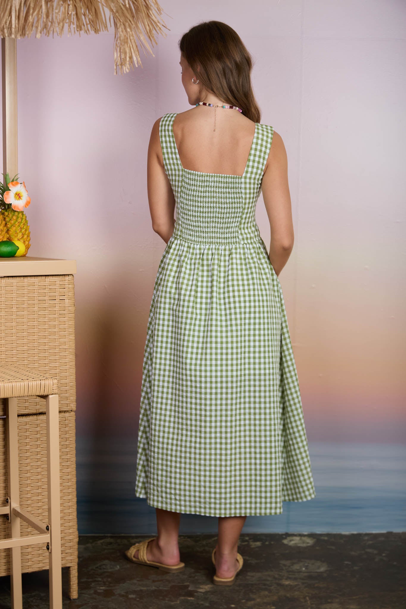 PLAID BASQUE WAIST SLEEVELESS MIDI DRESS (PRE-ORDER)