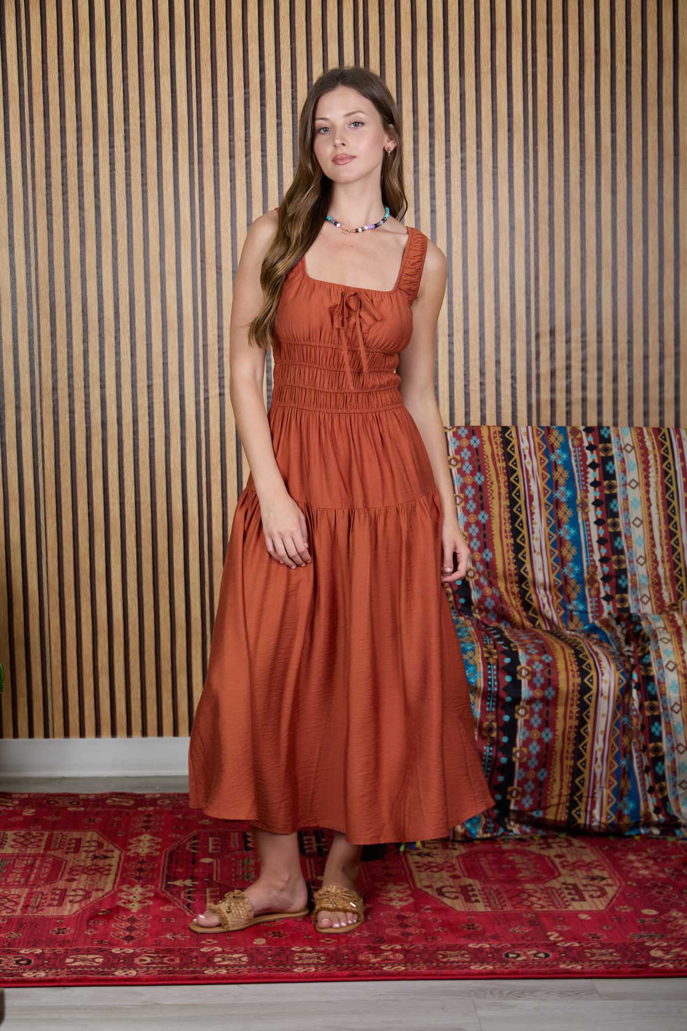 SATIN FRONT TIE SHIRRED WAIST MIDI DRESS