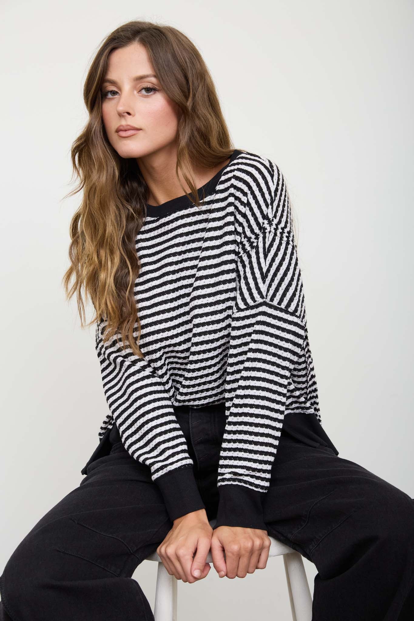 STRIPE EXPOSED SEAM SPLIT HEM LONG SLEEVE KNIT TOP (PRE-ORDER)