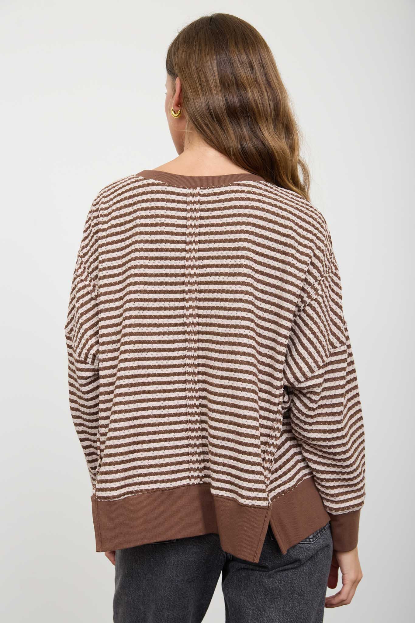 STRIPE EXPOSED SEAM SPLIT HEM LONG SLEEVE KNIT TOP (PRE-ORDER)
