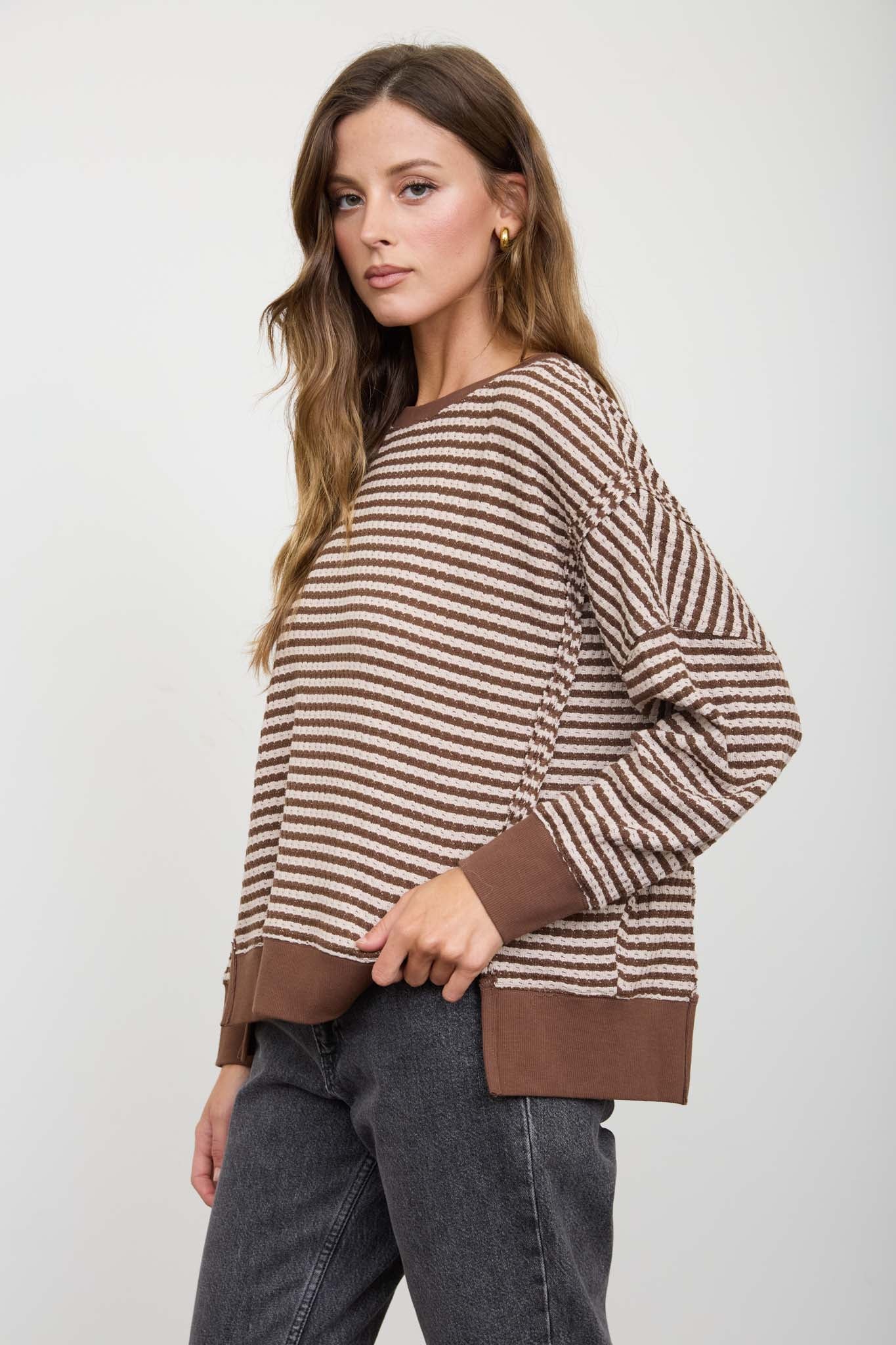 STRIPE EXPOSED SEAM SPLIT HEM LONG SLEEVE KNIT TOP (PRE-ORDER)