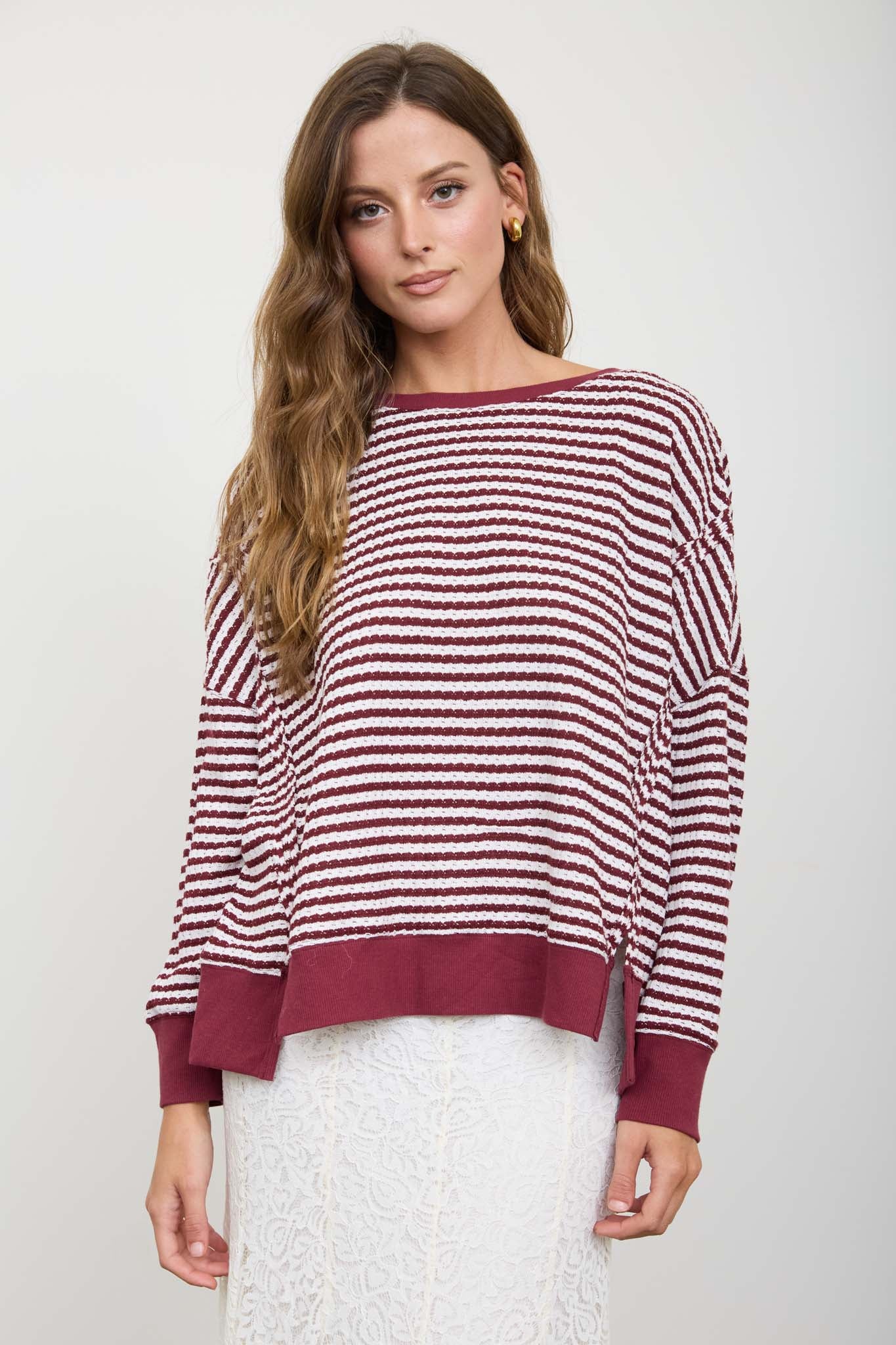 STRIPE EXPOSED SEAM SPLIT HEM LONG SLEEVE KNIT TOP (PRE-ORDER)