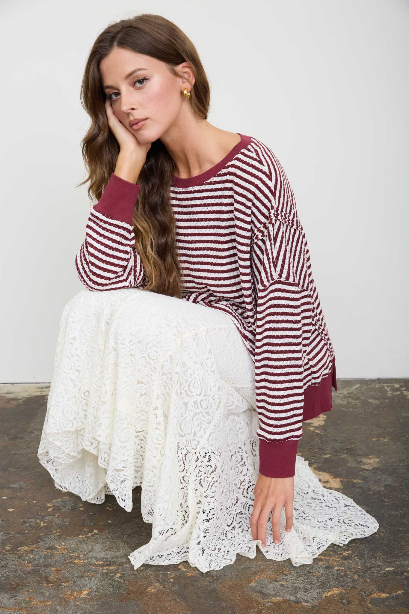 STRIPE EXPOSED SEAM SPLIT HEM LONG SLEEVE KNIT TOP (PRE-ORDER)