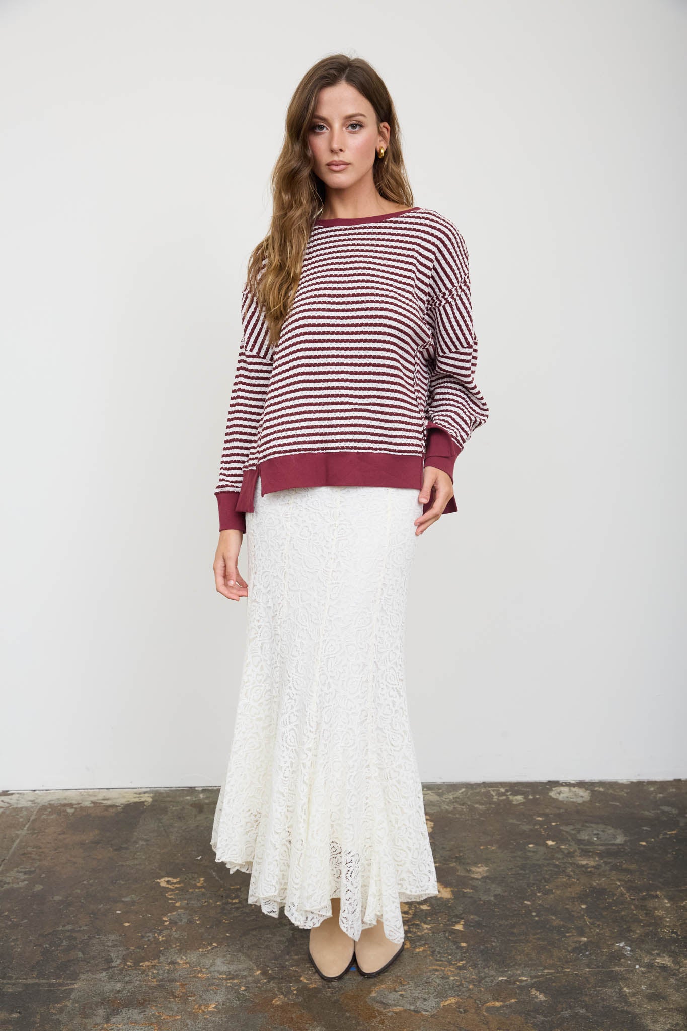 STRIPE EXPOSED SEAM SPLIT HEM LONG SLEEVE KNIT TOP (PRE-ORDER)