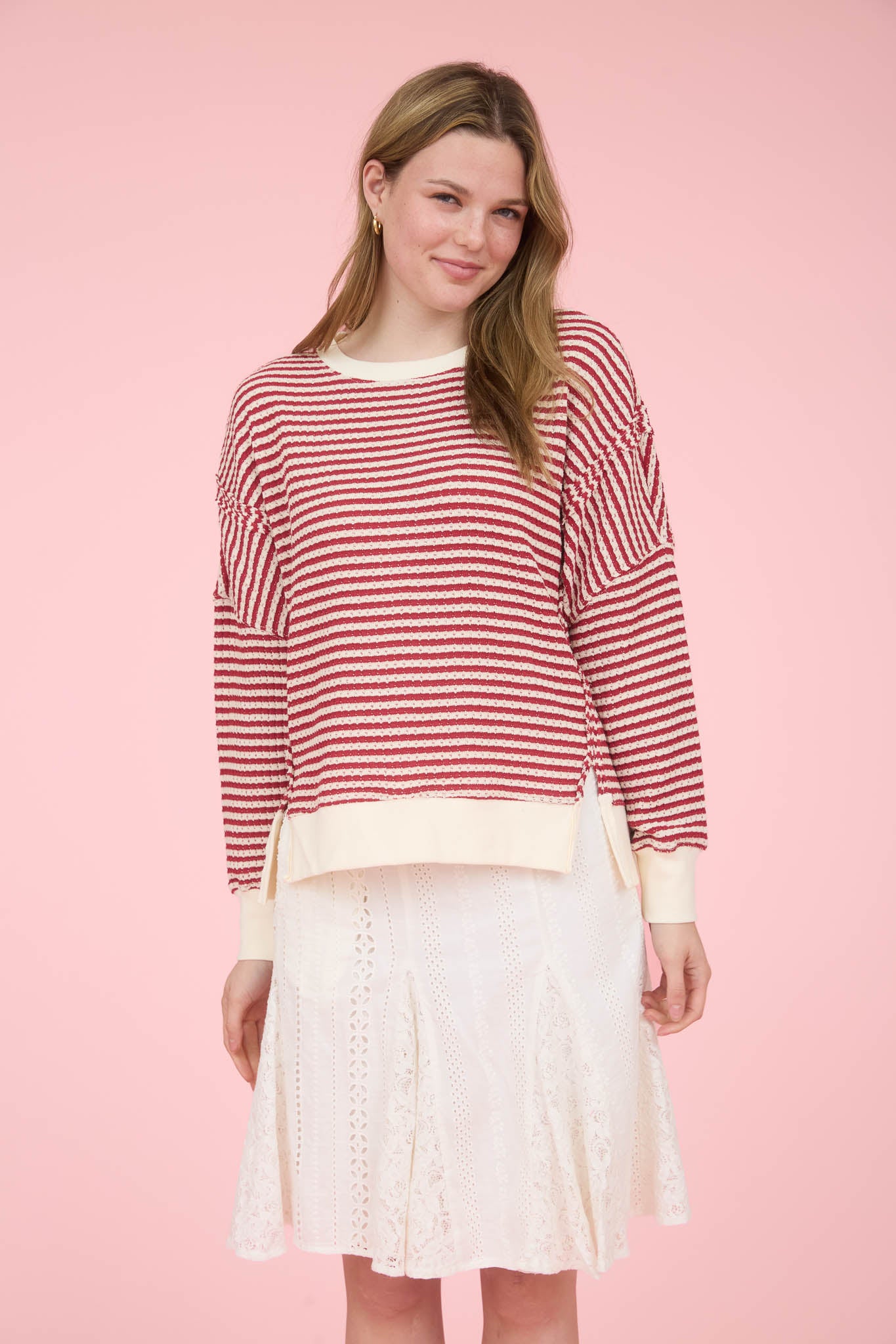 STRIPE EXPOSED SEAM SPLIT HEM LONG SLEEVE KNIT TOP (PRE-ORDER)