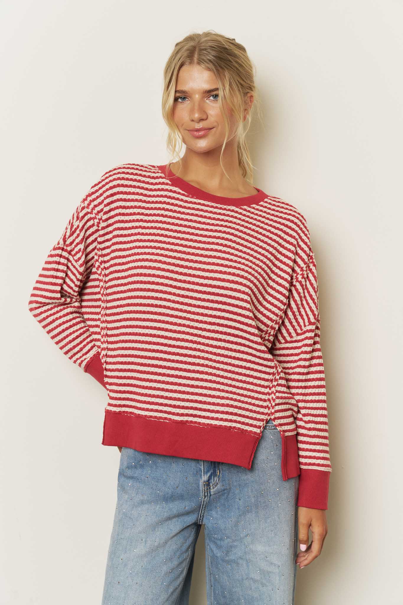 STRIPE EXPOSED SEAM SPLIT HEM LONG SLEEVE KNIT TOP (PRE-ORDER)