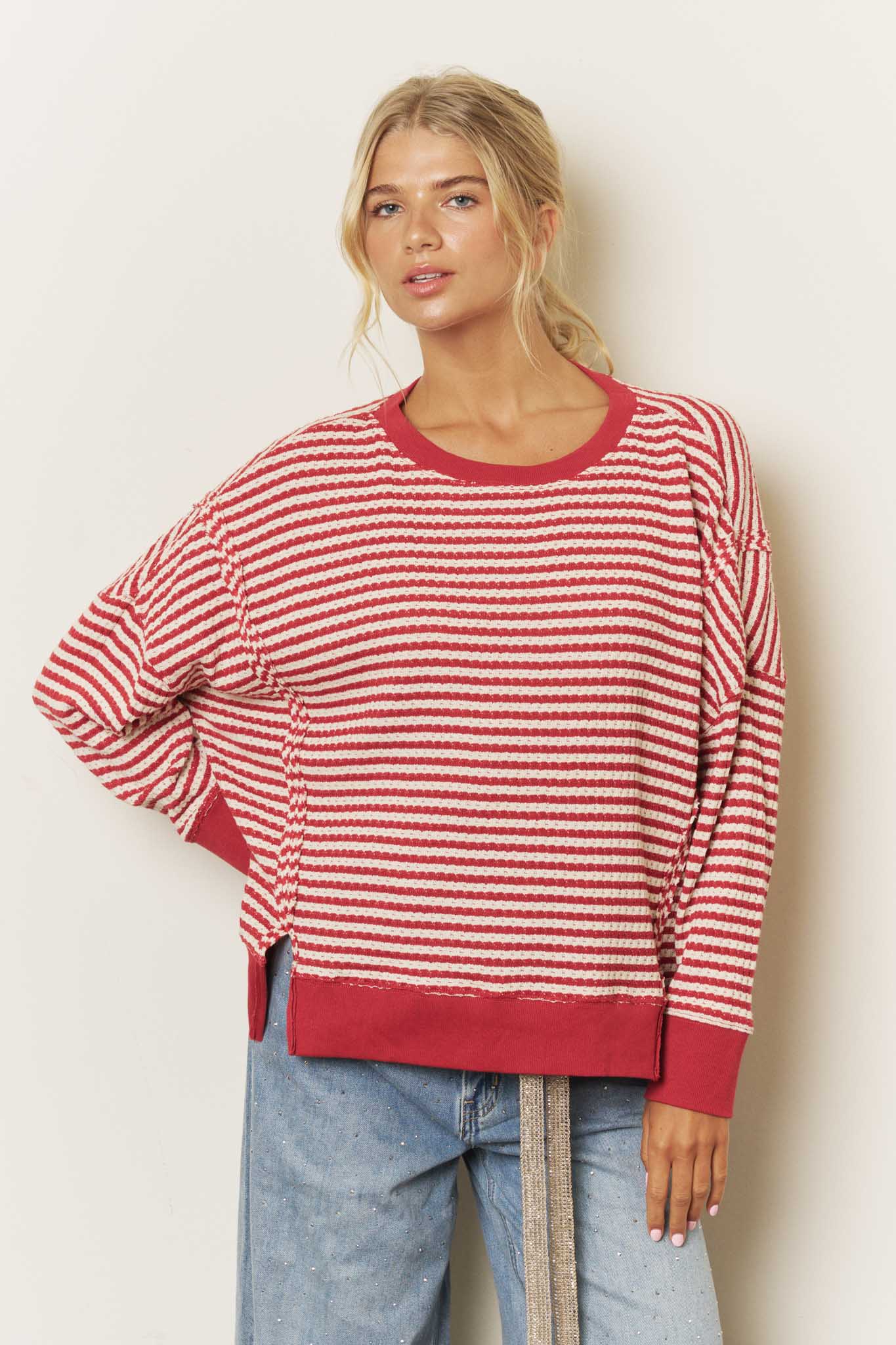 STRIPE EXPOSED SEAM SPLIT HEM LONG SLEEVE KNIT TOP (PRE-ORDER)