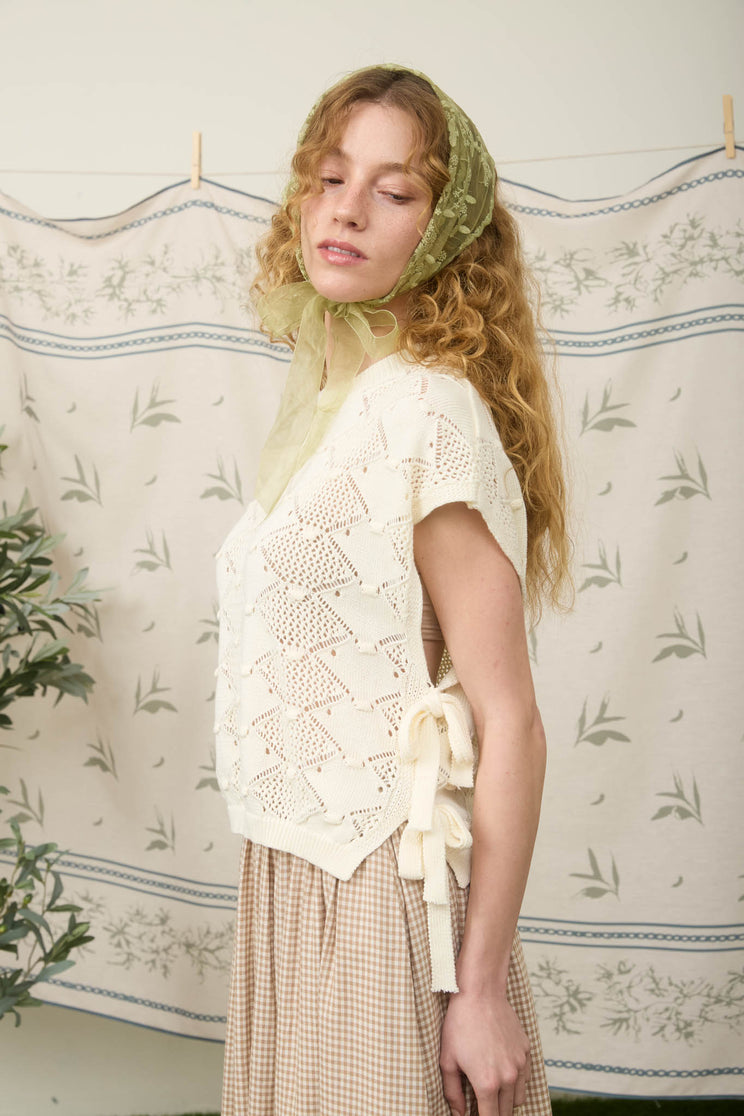 CLIP DOT SHORT SLEEVE SIDE TIE CROCHET SWEATER