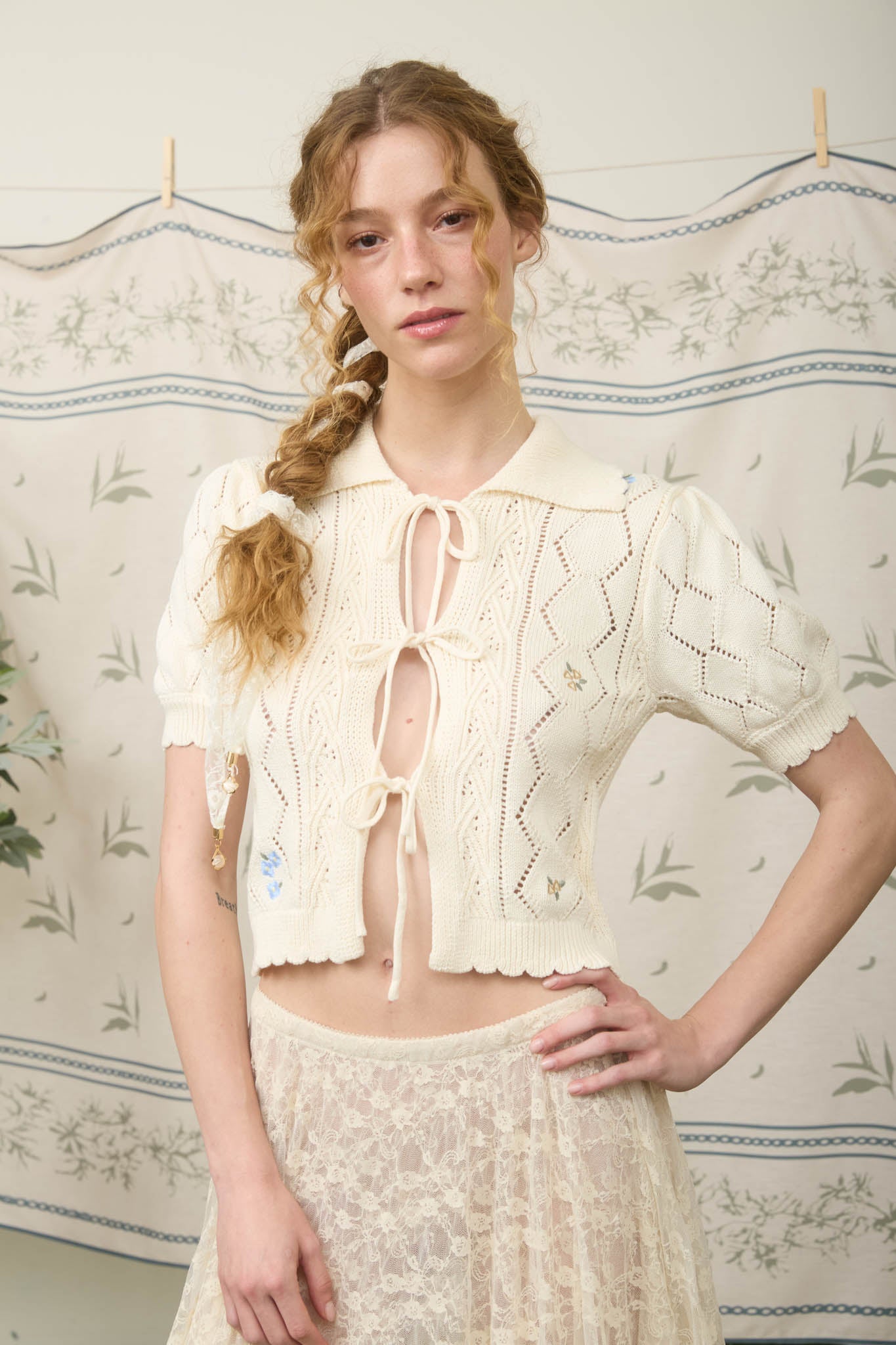 FLORAL EMBROIDERY CROCHET KNIT FRONT TIE SWEATER