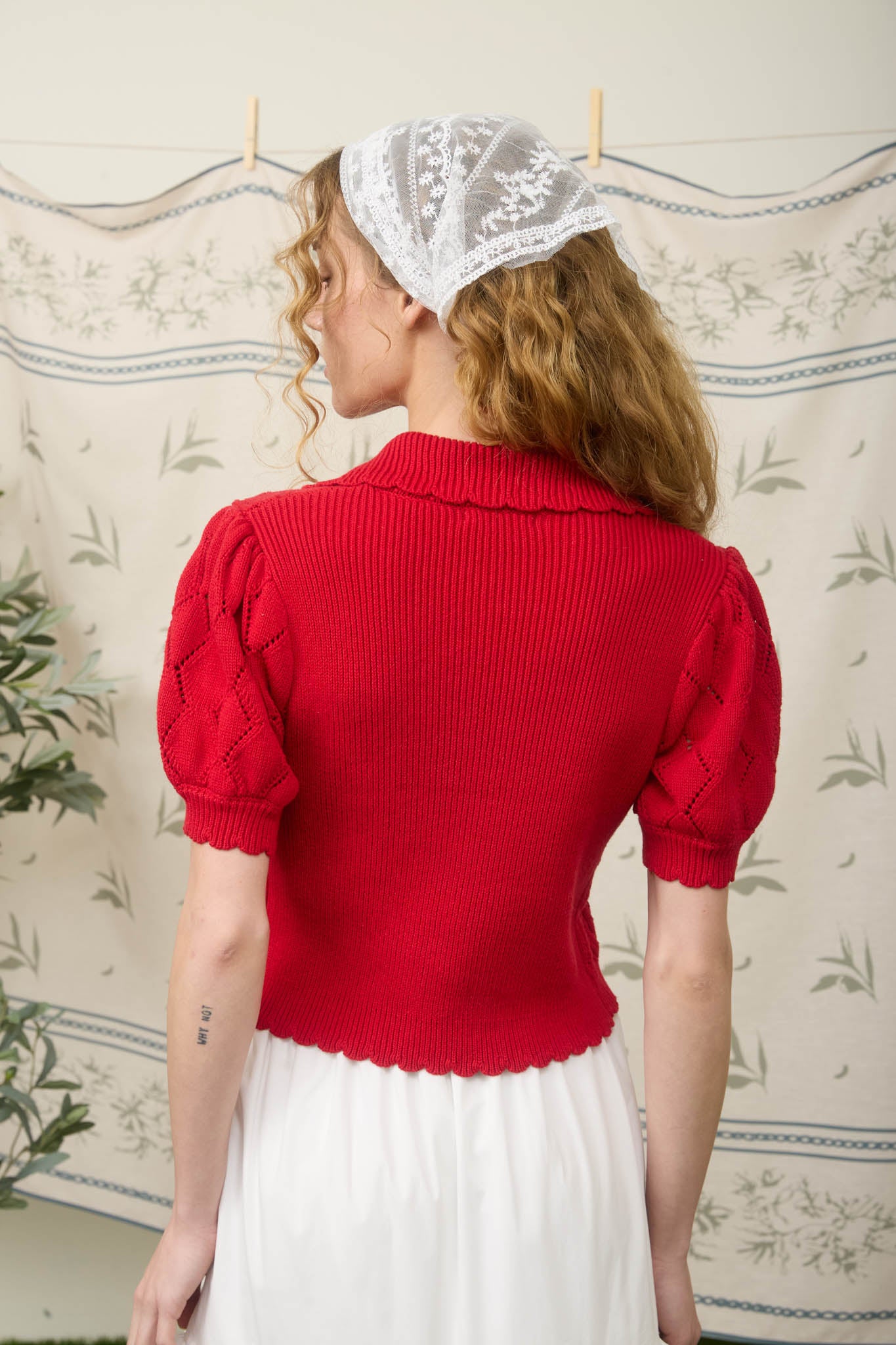 FLORAL EMBROIDERY CROCHET KNIT FRONT TIE SWEATER