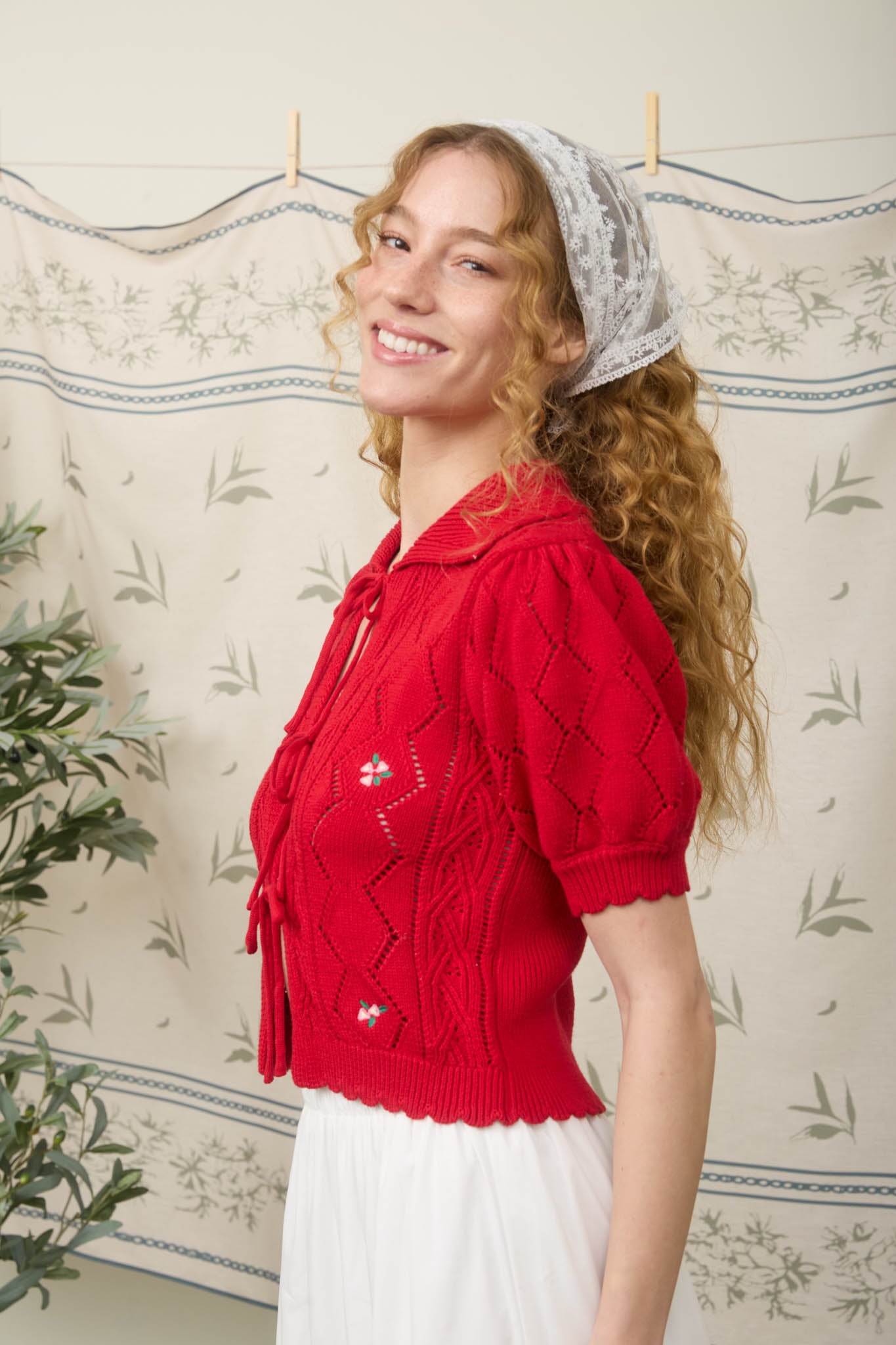 FLORAL EMBROIDERY CROCHET KNIT FRONT TIE SWEATER