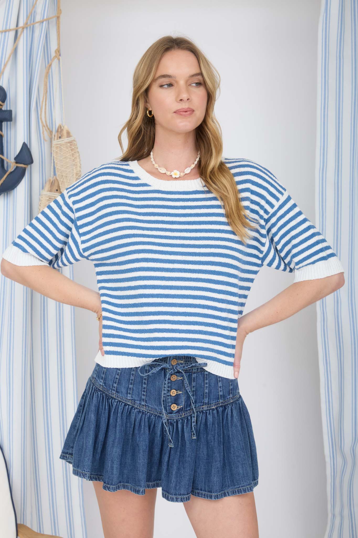 STRIPE CONTRAST TRIM SHORT SLEEVE KNIT SWEATER (PRE-ORDER)