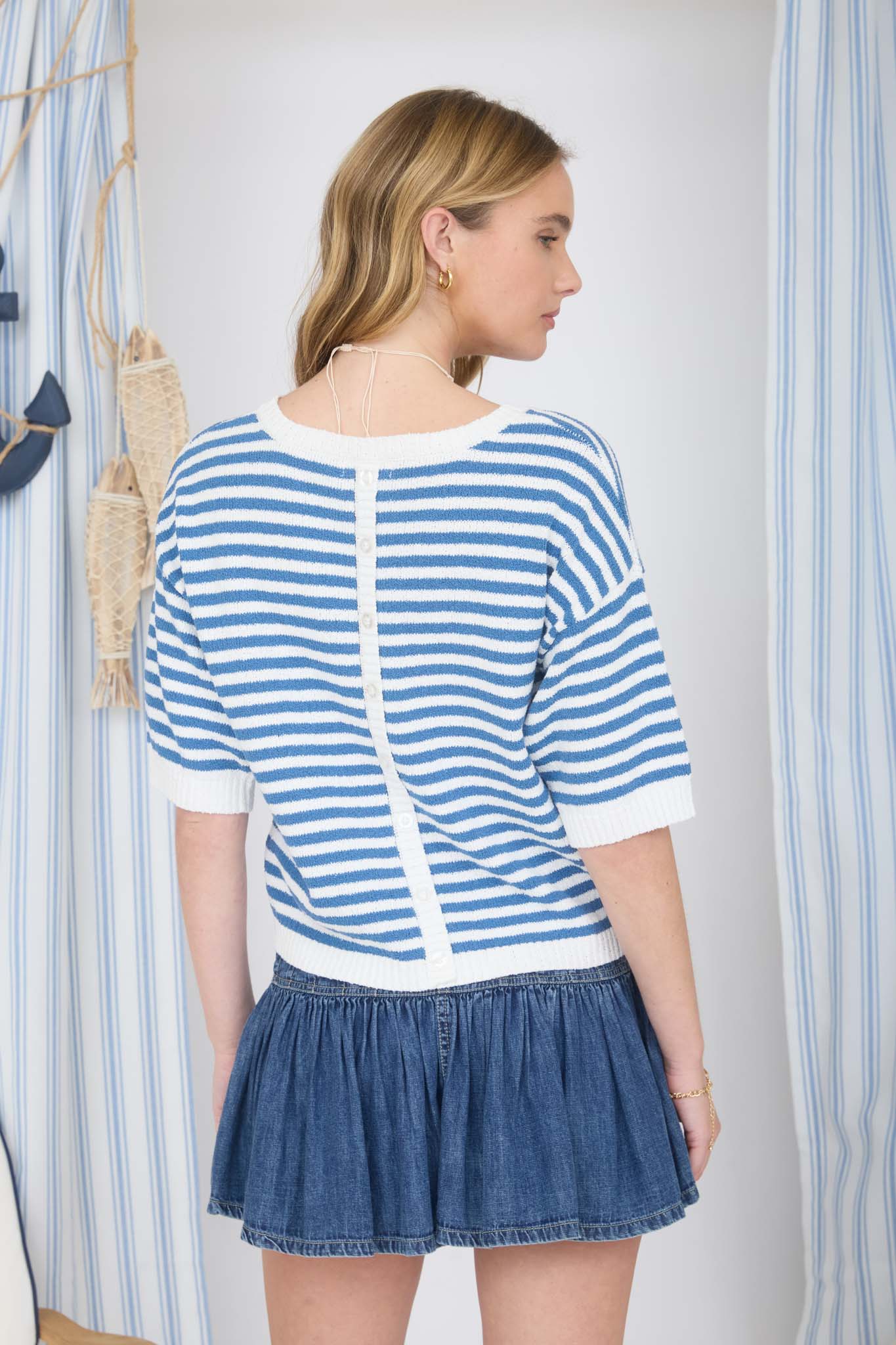 STRIPE CONTRAST TRIM SHORT SLEEVE KNIT SWEATER (PRE-ORDER)
