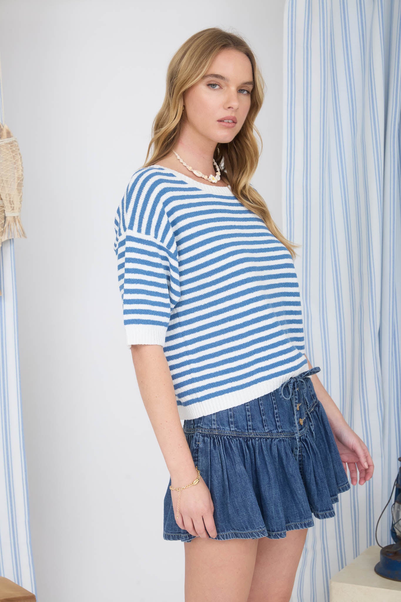 STRIPE CONTRAST TRIM SHORT SLEEVE KNIT SWEATER (PRE-ORDER)