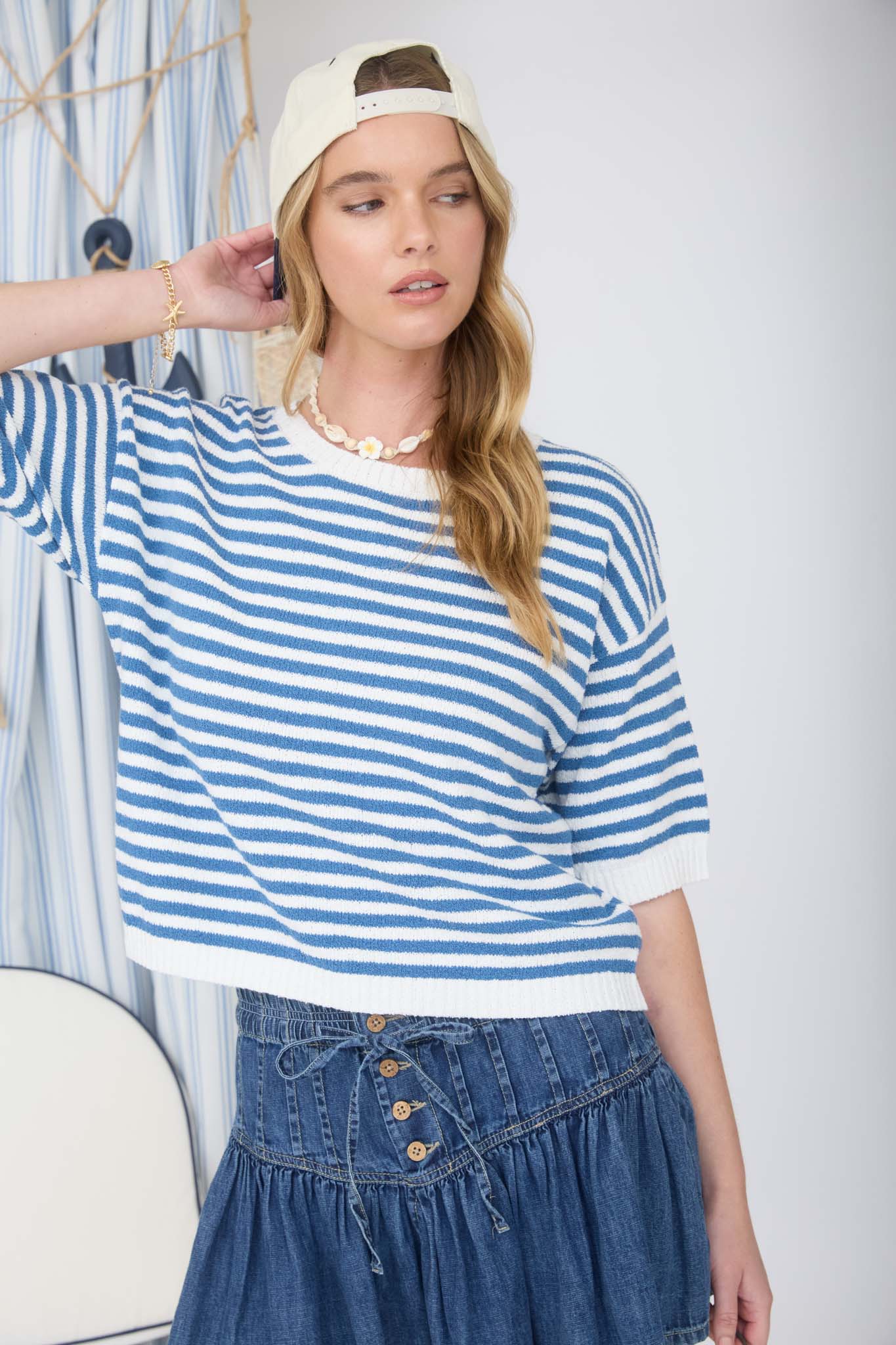 STRIPE CONTRAST TRIM SHORT SLEEVE KNIT SWEATER (PRE-ORDER)