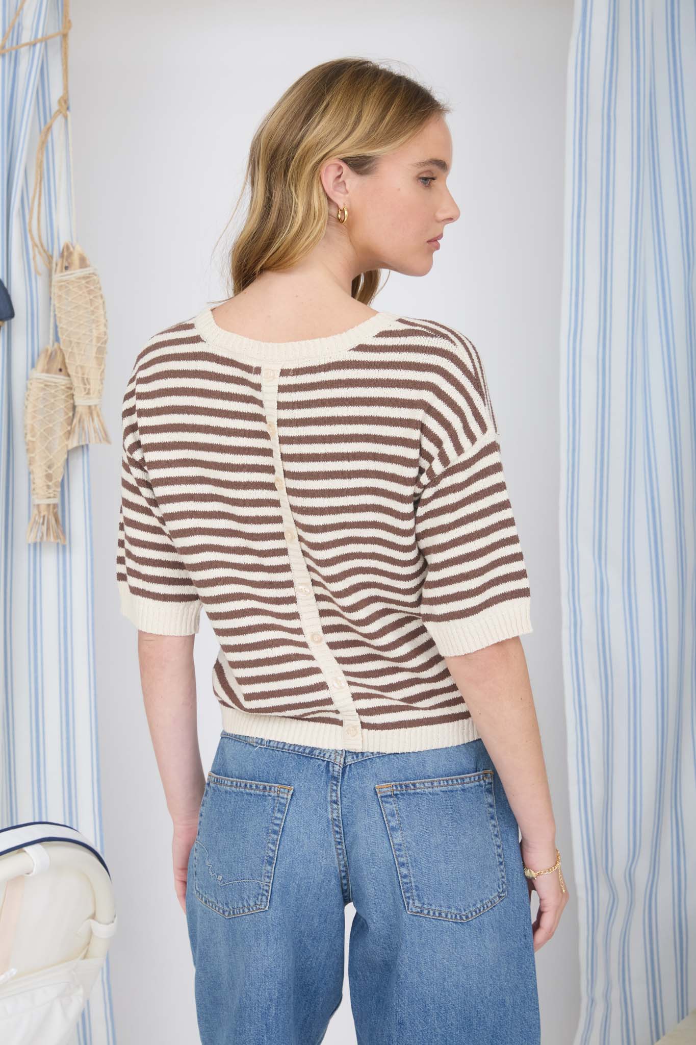 STRIPE CONTRAST TRIM SHORT SLEEVE KNIT SWEATER (PRE-ORDER)