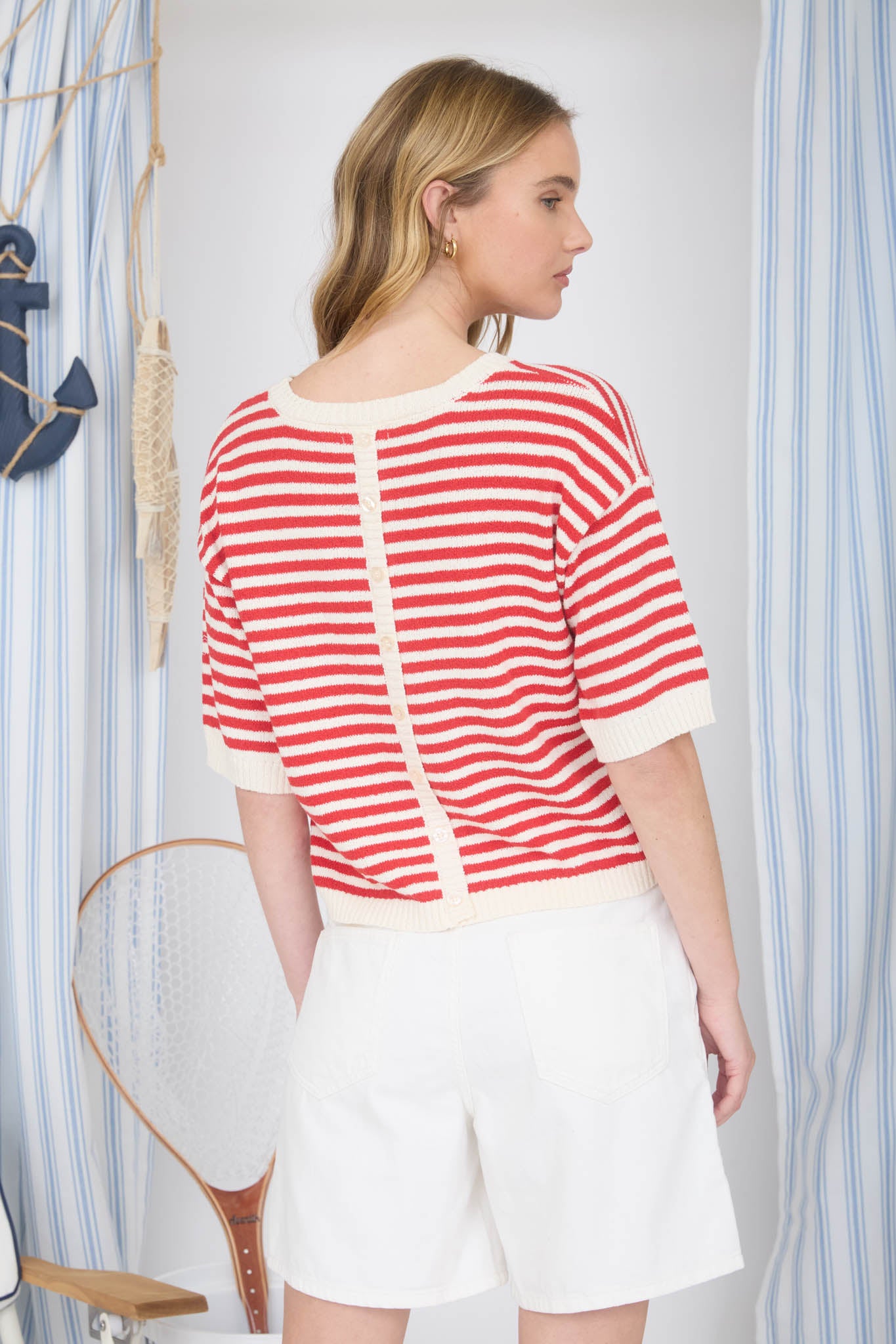 STRIPE CONTRAST TRIM SHORT SLEEVE KNIT SWEATER (PRE-ORDER)