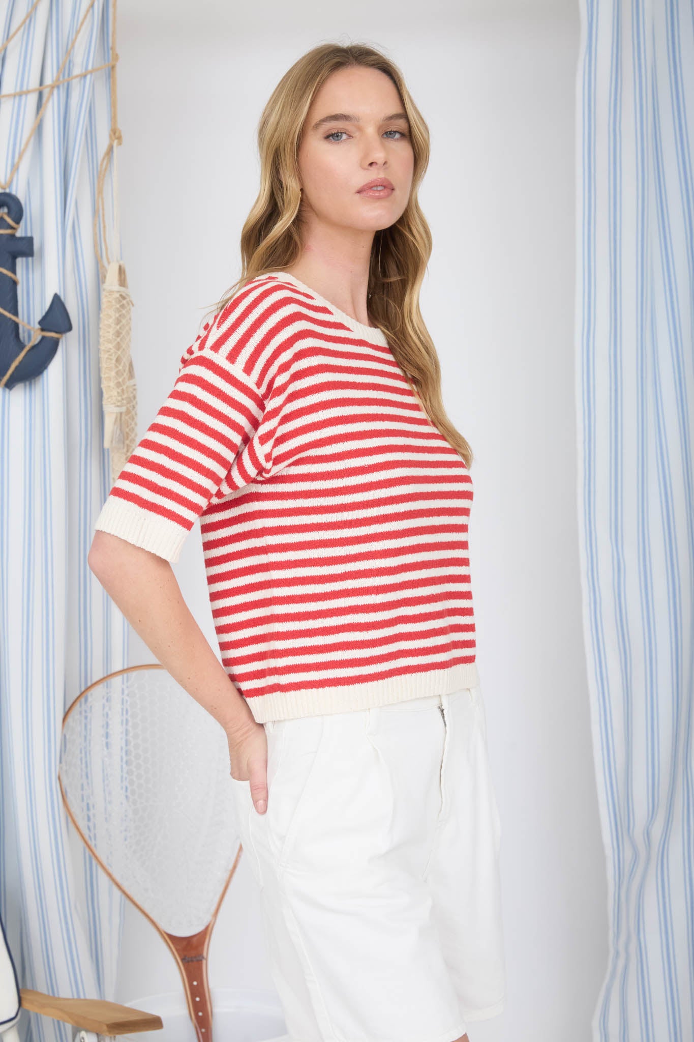 STRIPE CONTRAST TRIM SHORT SLEEVE KNIT SWEATER (PRE-ORDER)