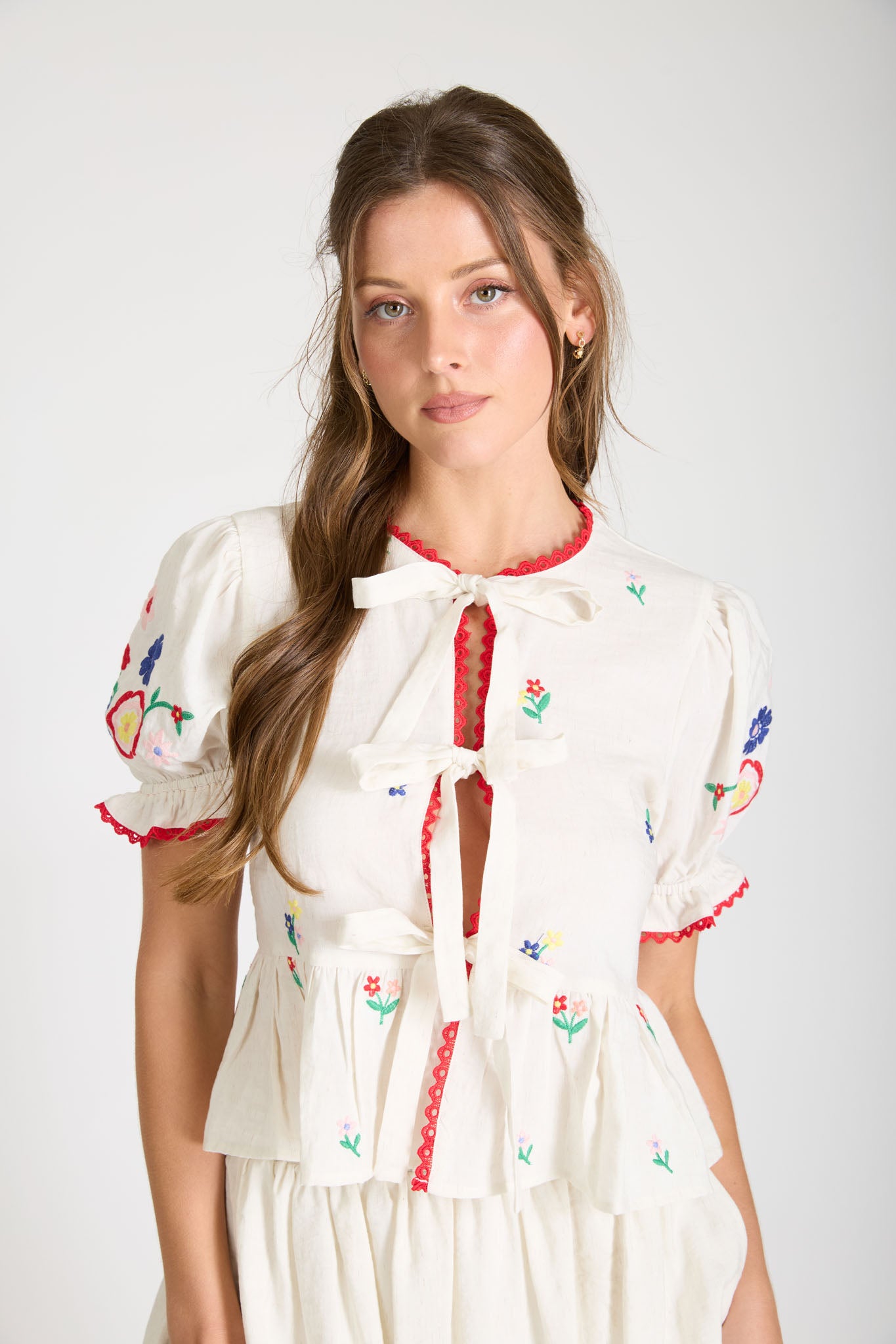 EMBROIDERED FRONT TIE PUFF SLEEVE SCALLOP TRIM TOP