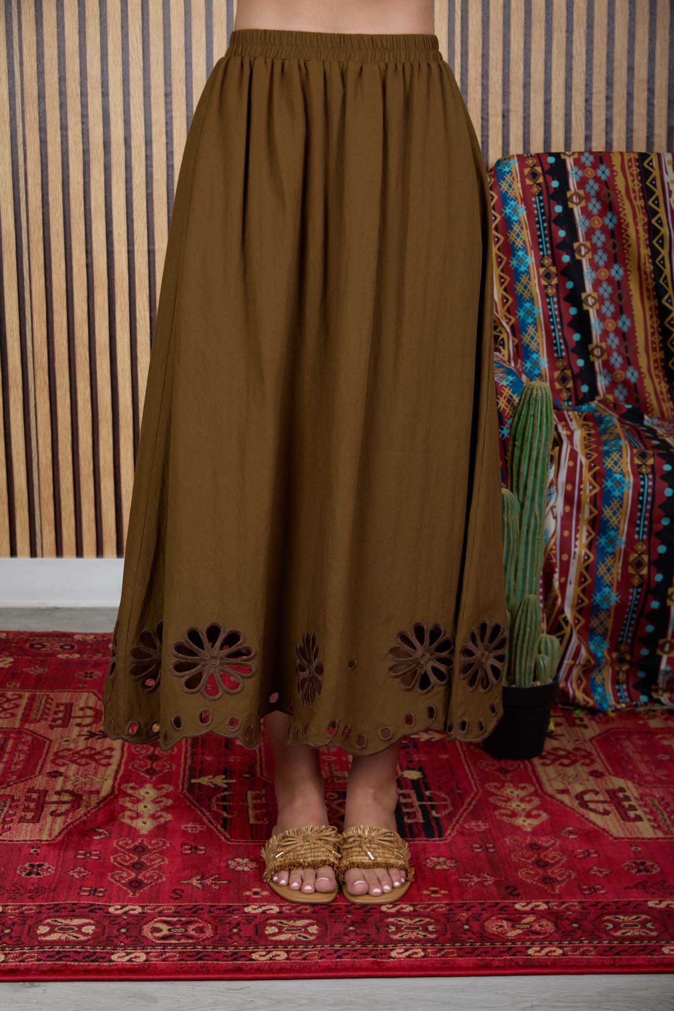 FLORAL EYELET SCALLOPED HEM MIDI SKIRT (PRE-ORDER)