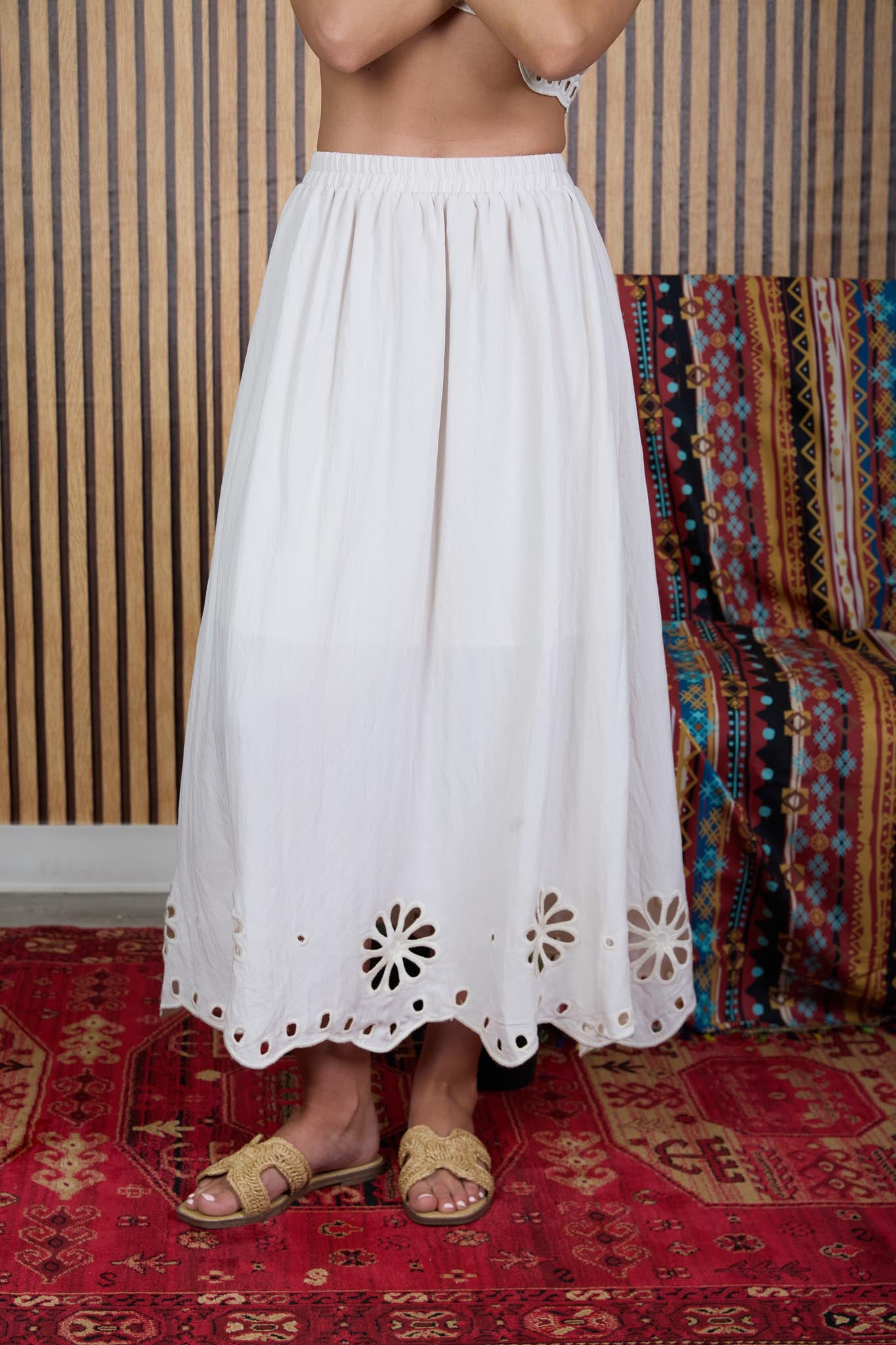 FLORAL EYELET SCALLOPED HEM MIDI SKIRT (PRE-ORDER)