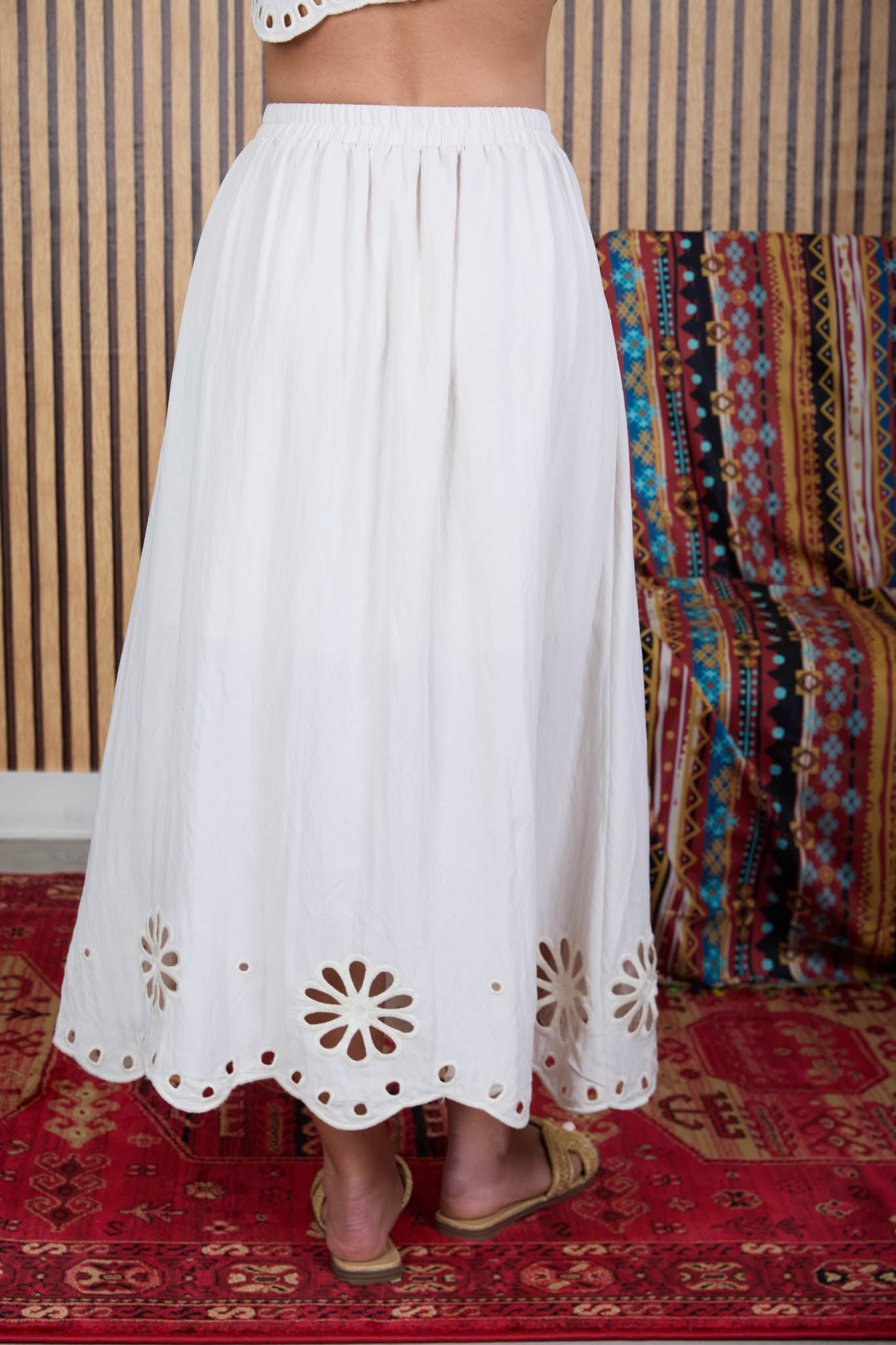 FLORAL EYELET SCALLOPED HEM MIDI SKIRT (PRE-ORDER)