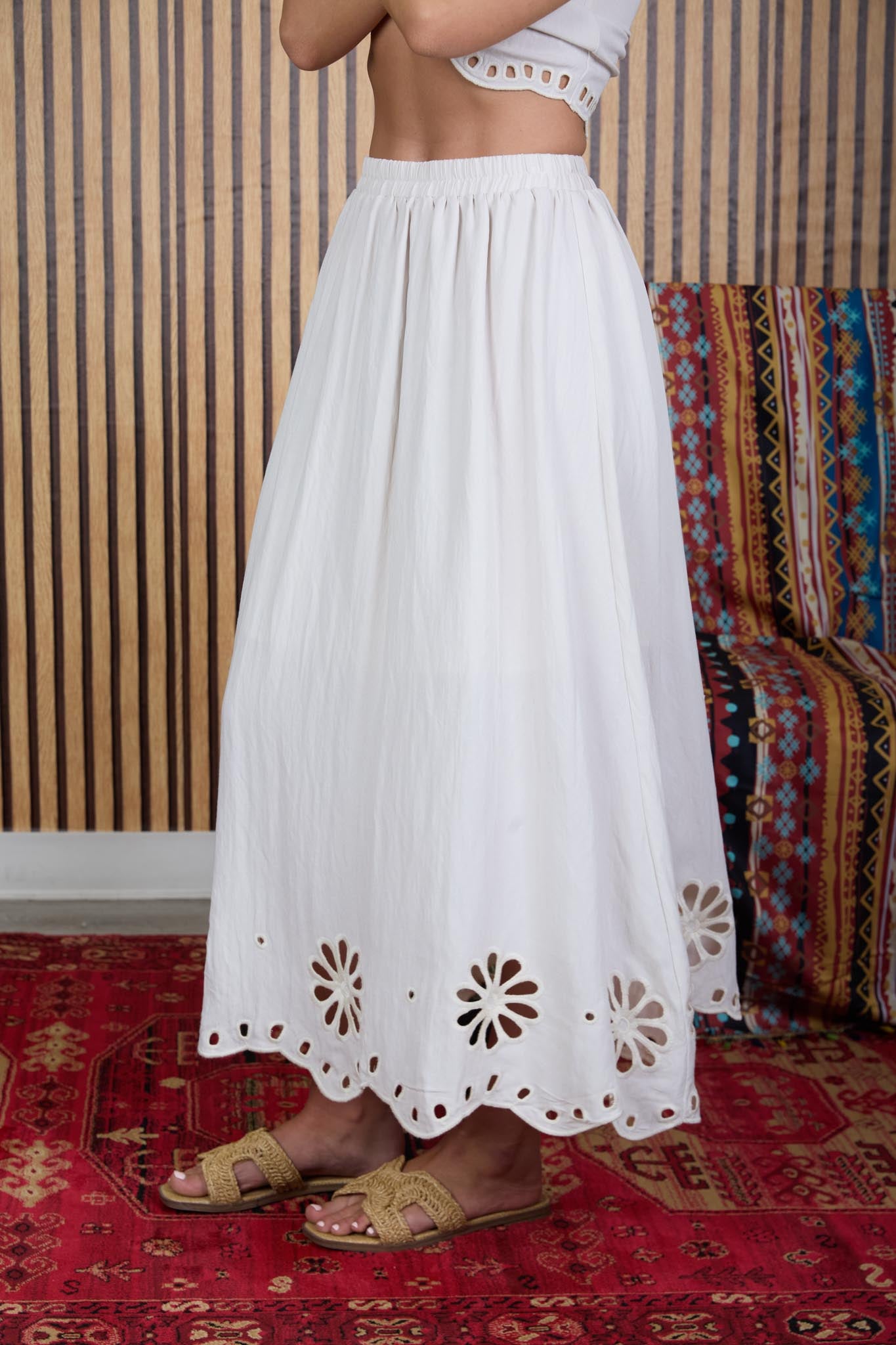 FLORAL EYELET SCALLOPED HEM MIDI SKIRT (PRE-ORDER)
