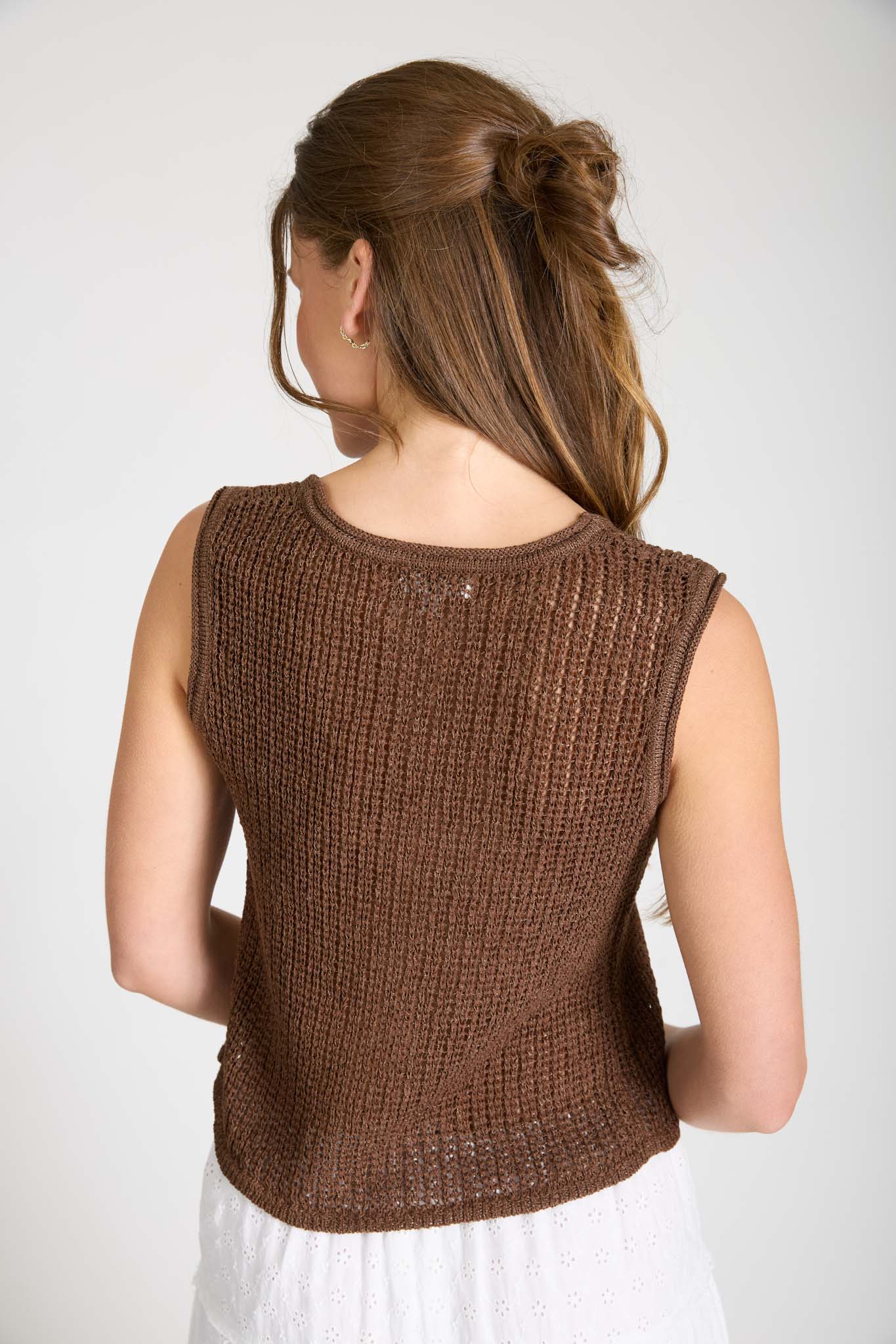 SHEER CROCHET KNIT FRONT TIE SLEEVELESS KNIT VEST (PRE-ORDER)