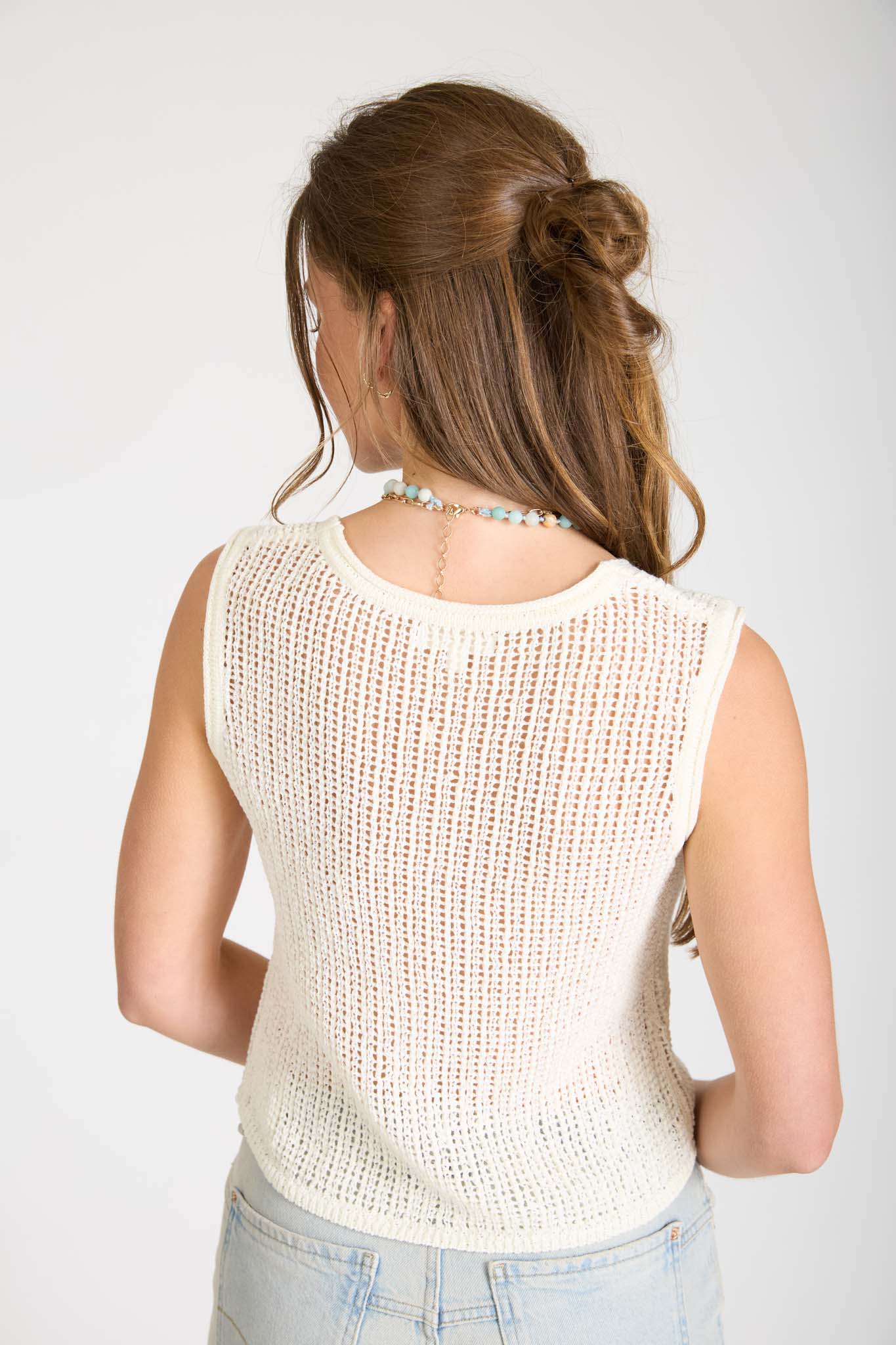 SHEER CROCHET KNIT FRONT TIE SLEEVELESS KNIT VEST (PRE-ORDER)