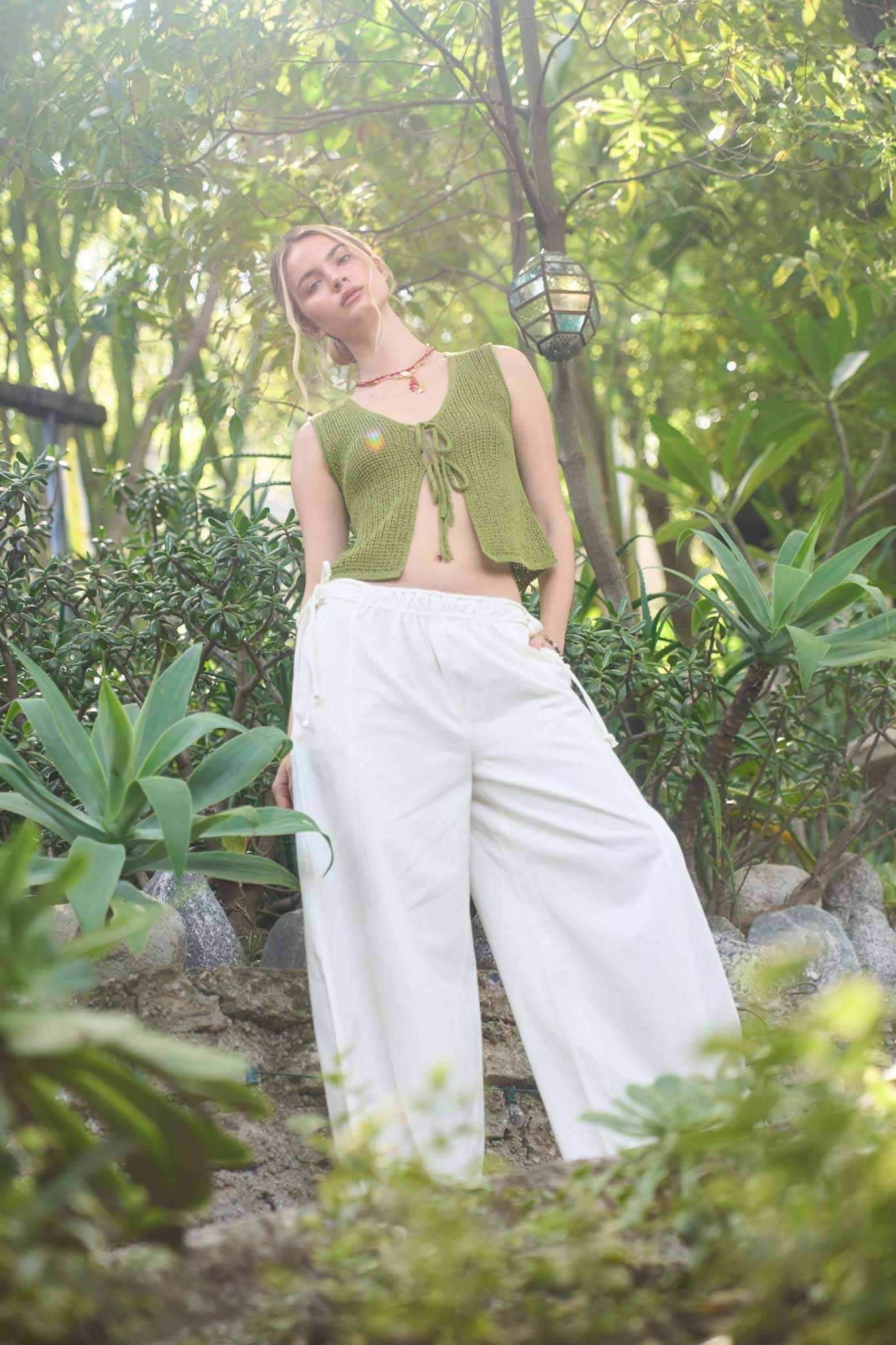 SHEER CROCHET KNIT FRONT TIE SLEEVELESS KNIT VEST (PRE-ORDER)