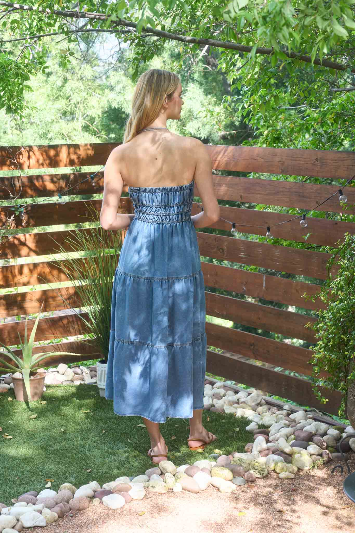 STRAPLESS SHIRRED TIERED DENIM MIDI SUNDRESS (PRE-ORDER)