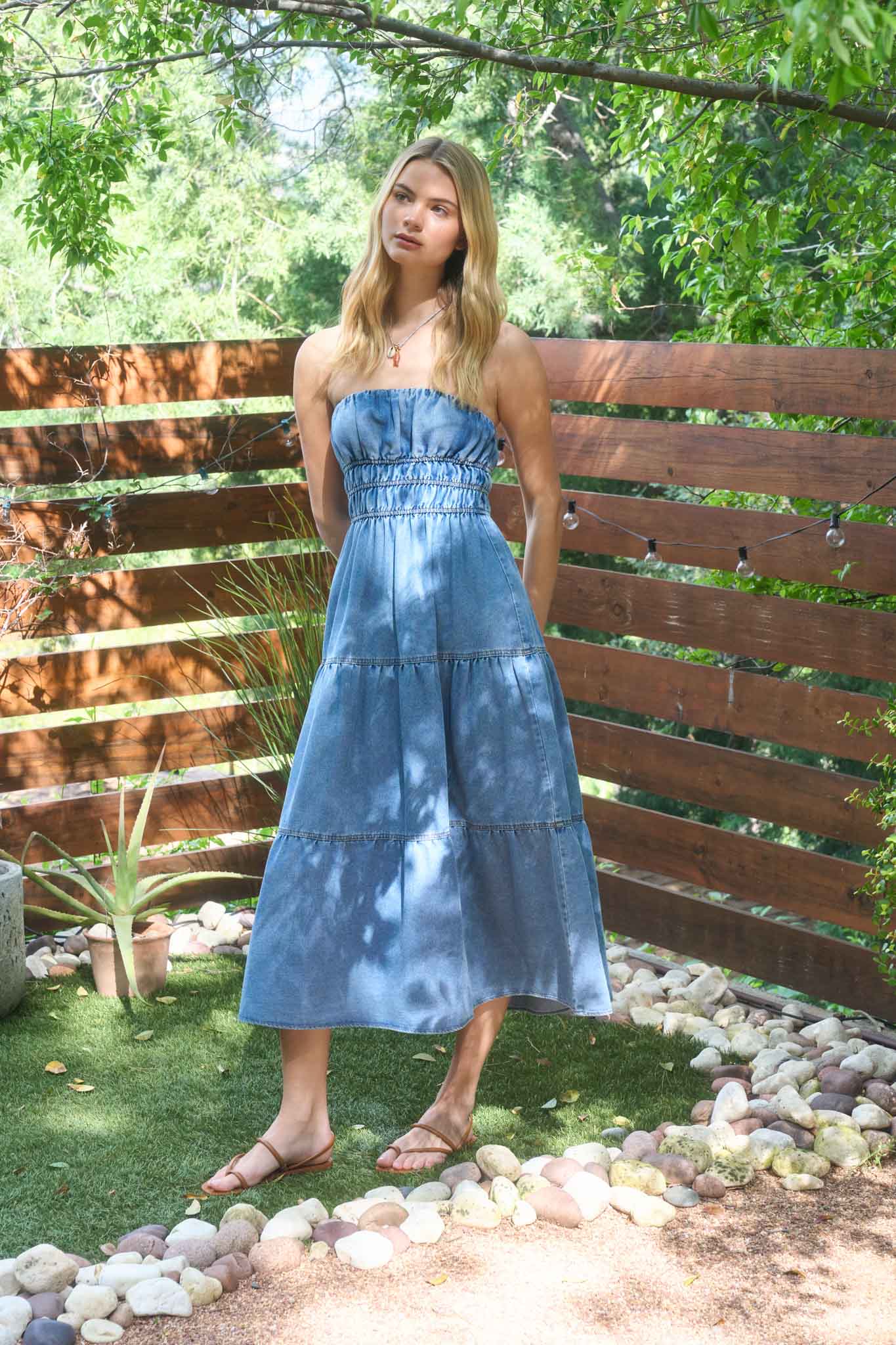 STRAPLESS SHIRRED TIERED DENIM MIDI SUNDRESS (PRE-ORDER)