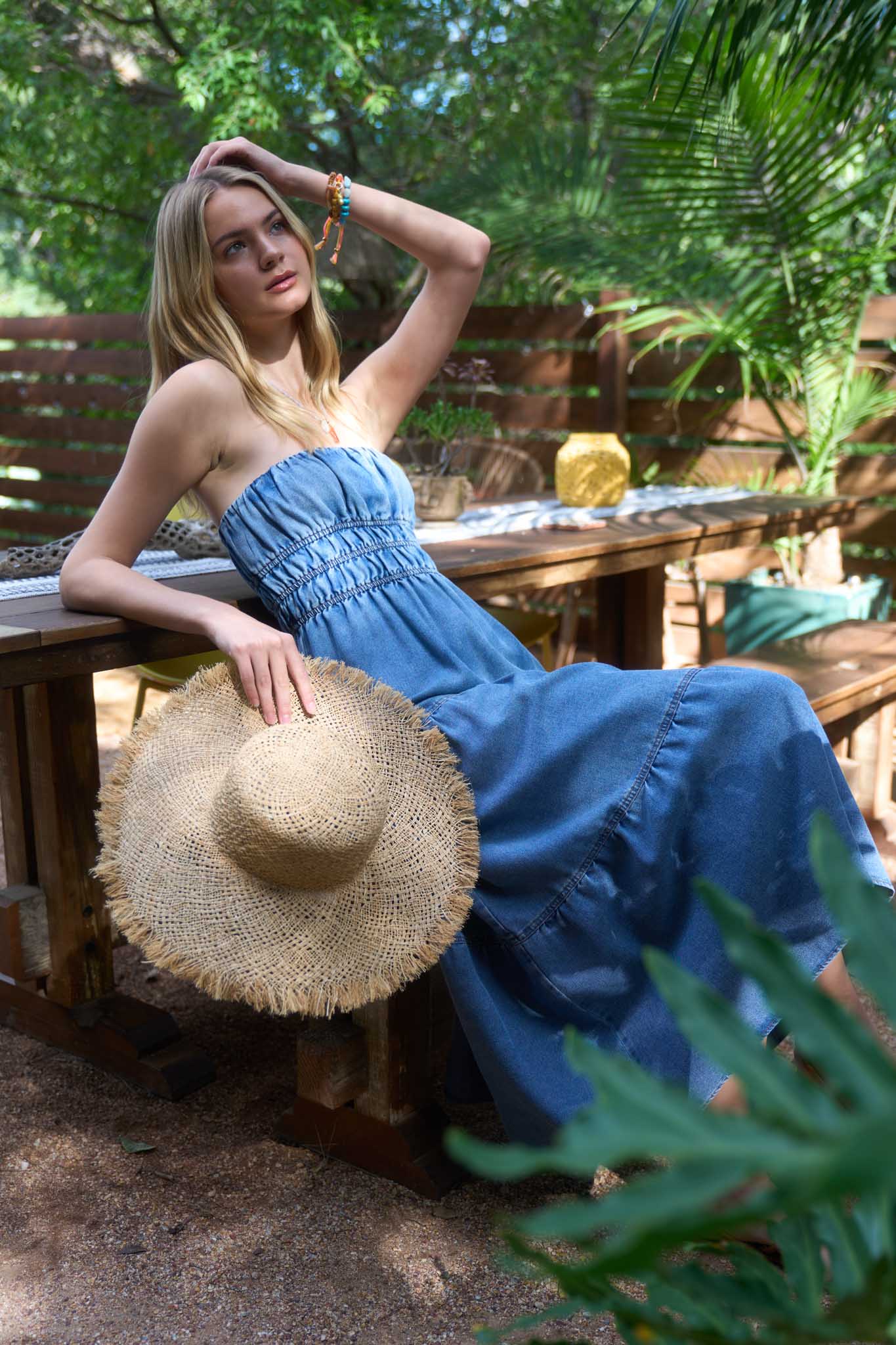 STRAPLESS SHIRRED TIERED DENIM MIDI SUNDRESS (PRE-ORDER)