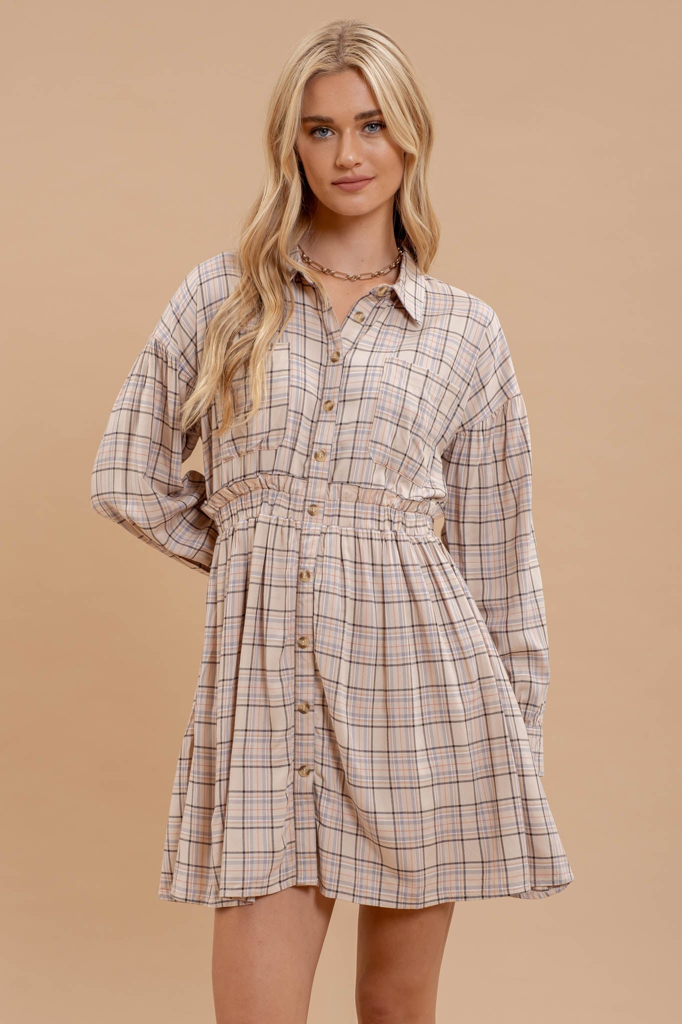 PLAID COLLARED BUTTON DOWN LONG SLEEVE DRESS