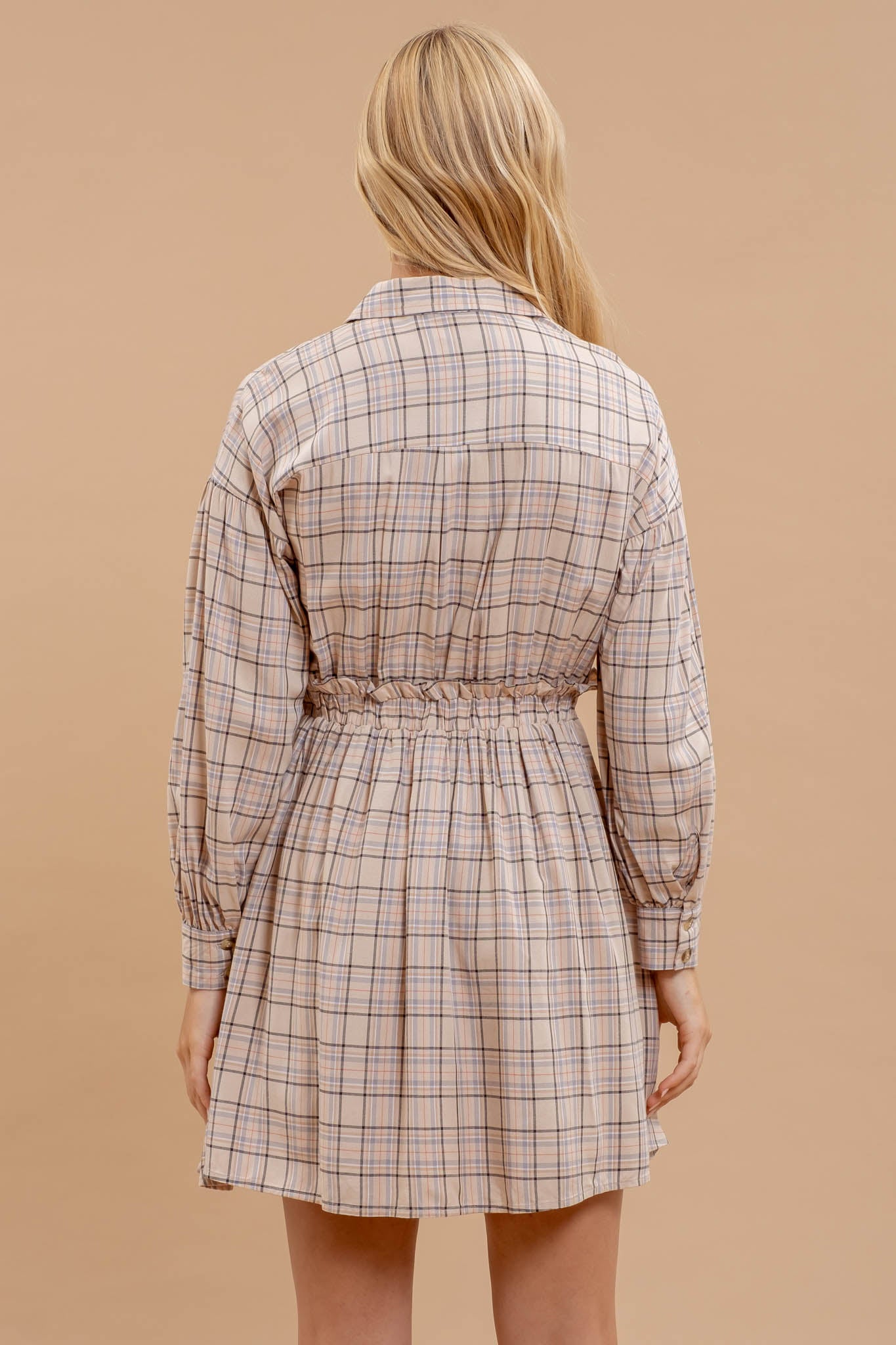 PLAID COLLARED BUTTON DOWN LONG SLEEVE DRESS