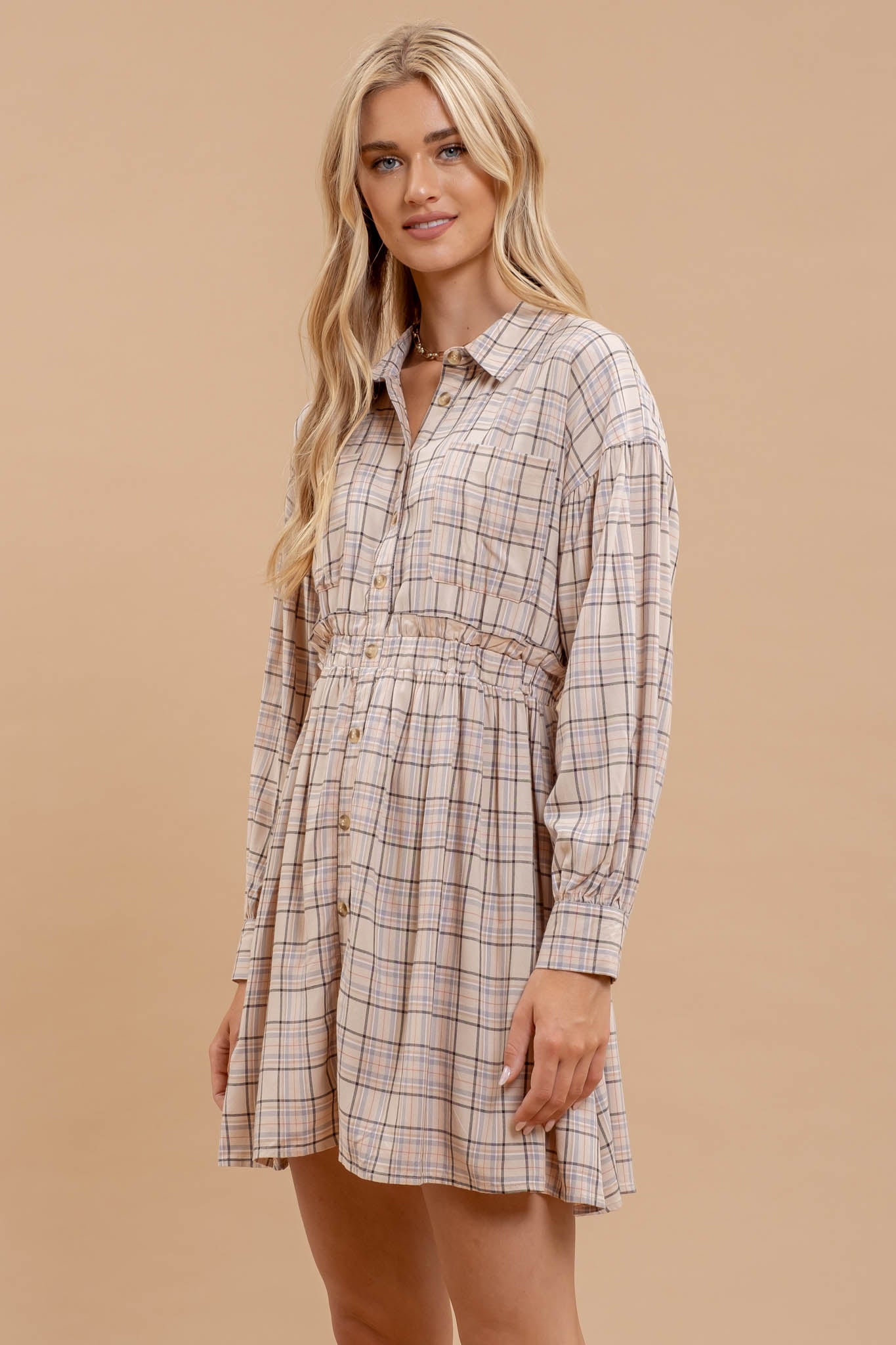 PLAID COLLARED BUTTON DOWN LONG SLEEVE DRESS