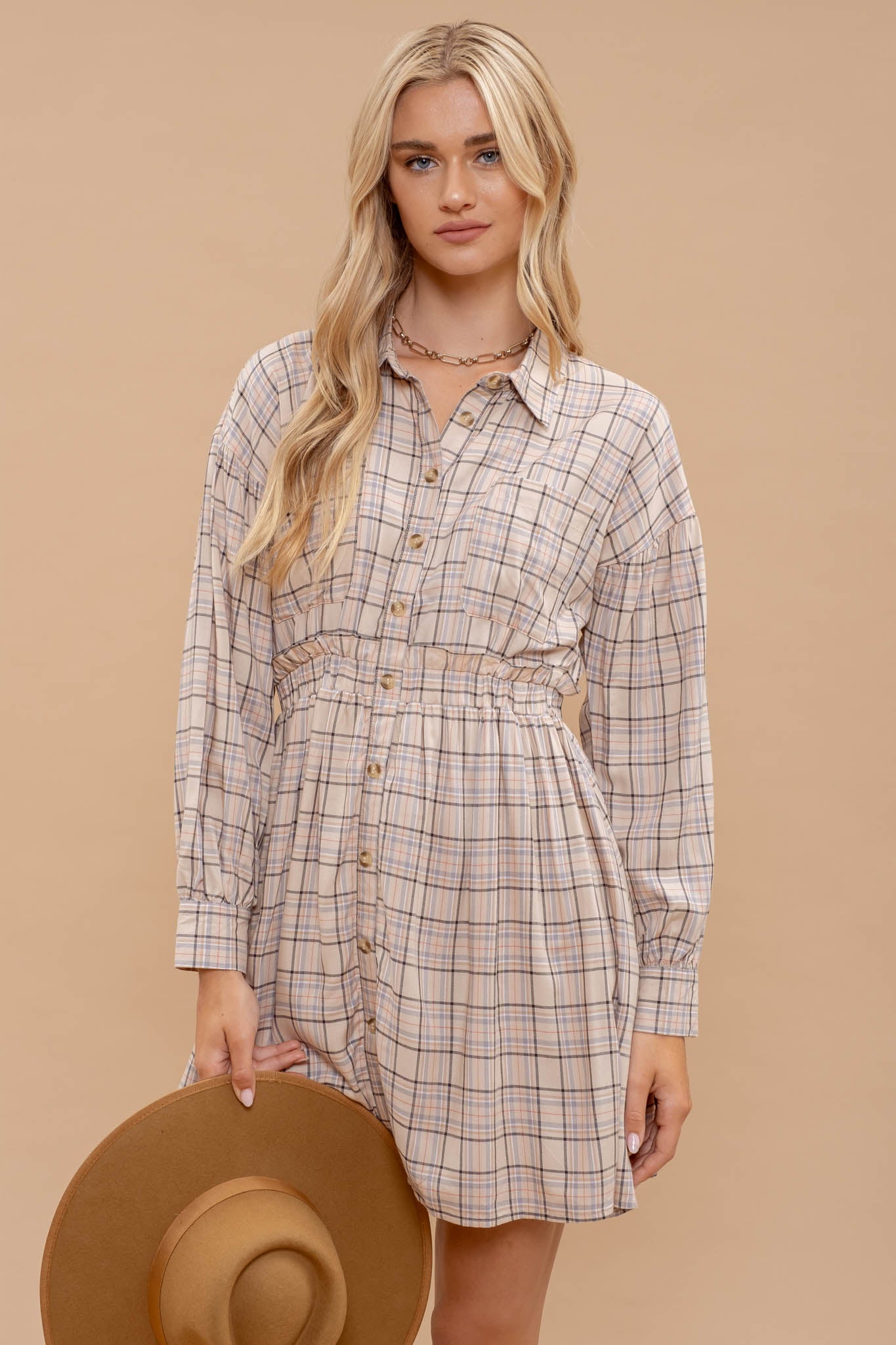 PLAID COLLARED BUTTON DOWN LONG SLEEVE DRESS